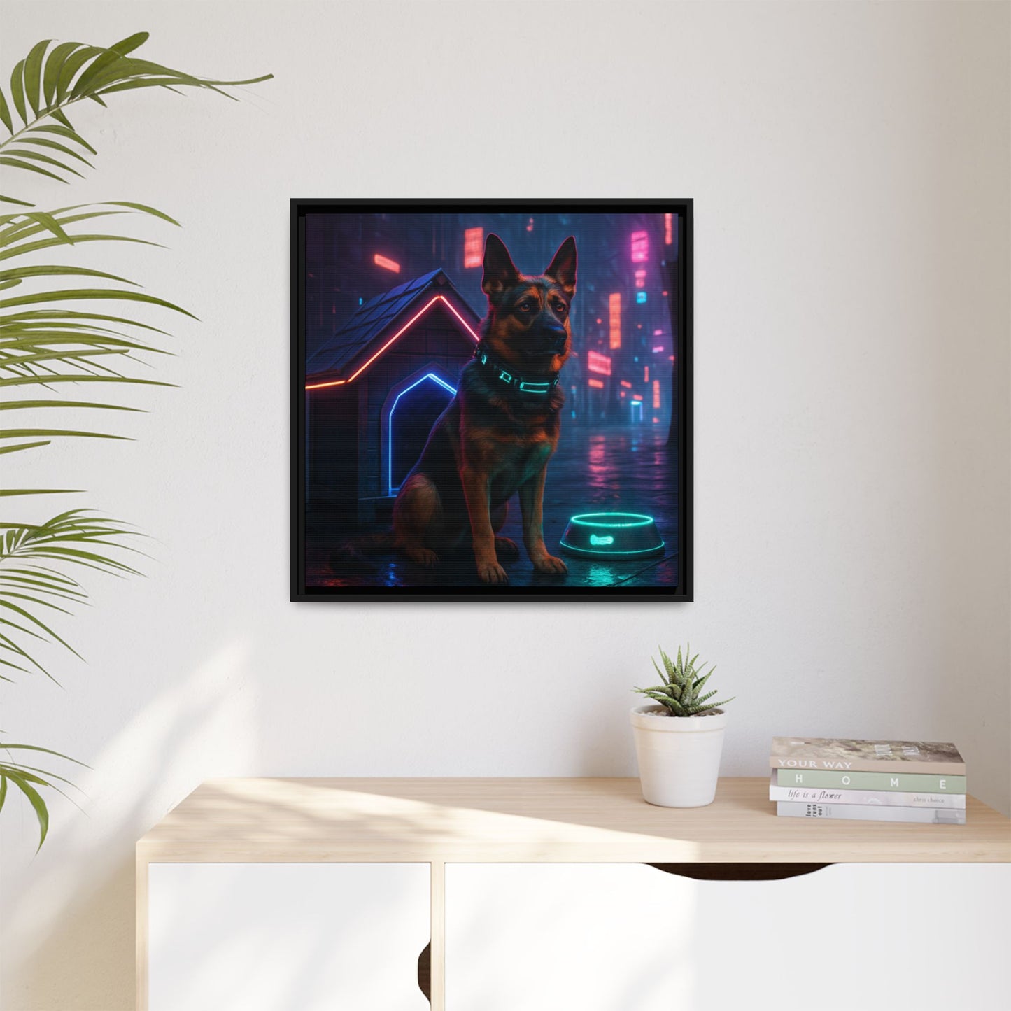 Neon City Dog Framed Matte Canvas