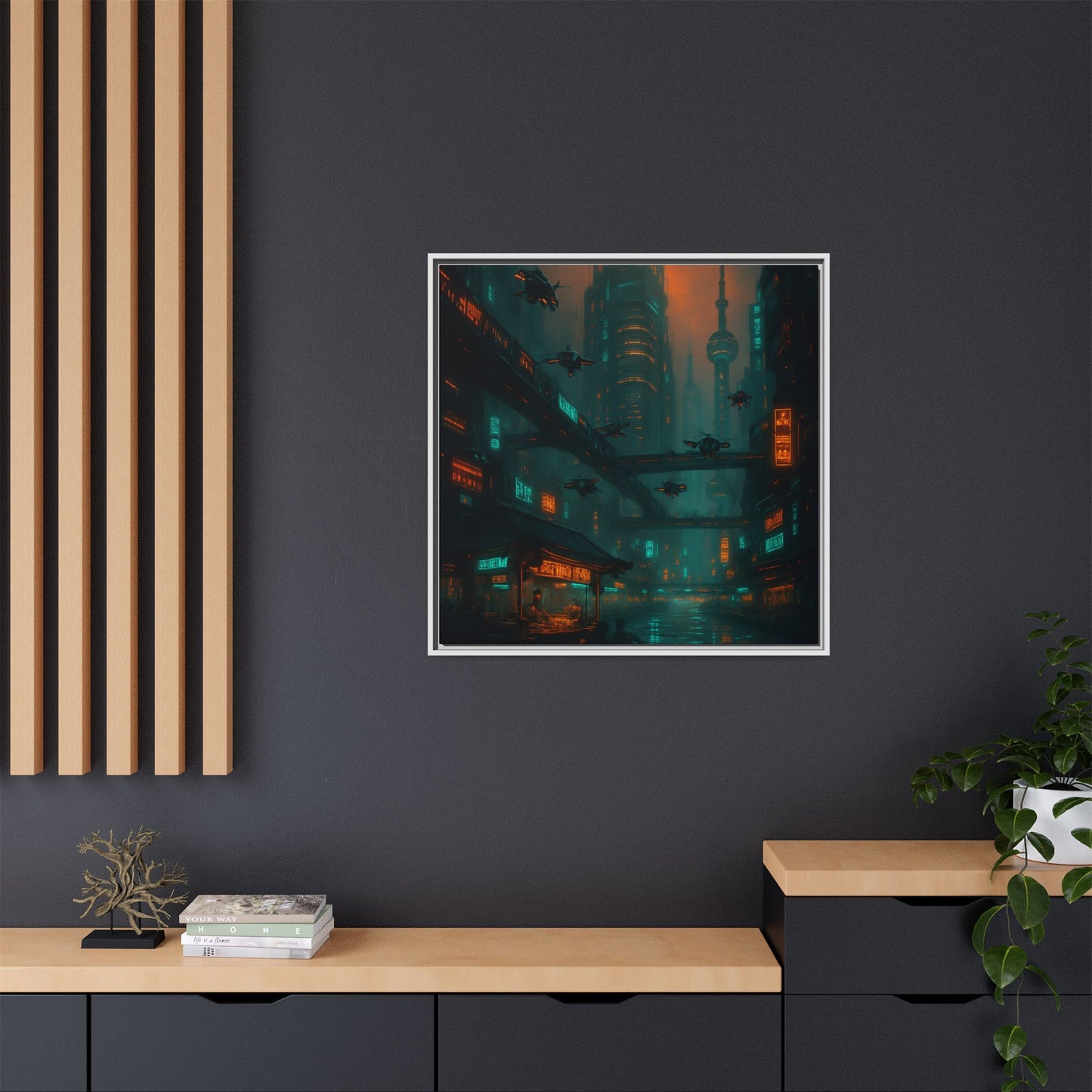 Neon Drone Cityscape Framed Matte Canvas
