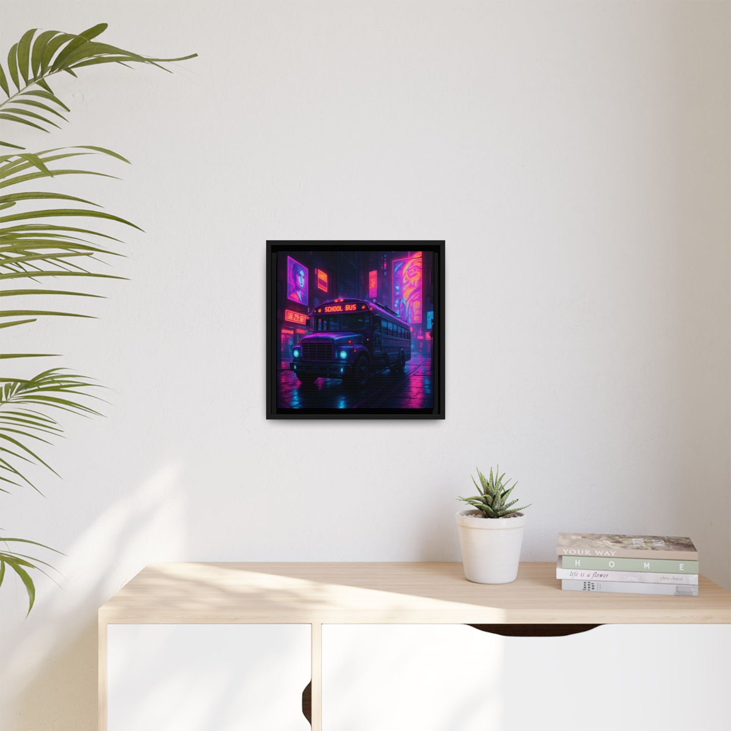 Neon School Bus City Framed Matte Canvas