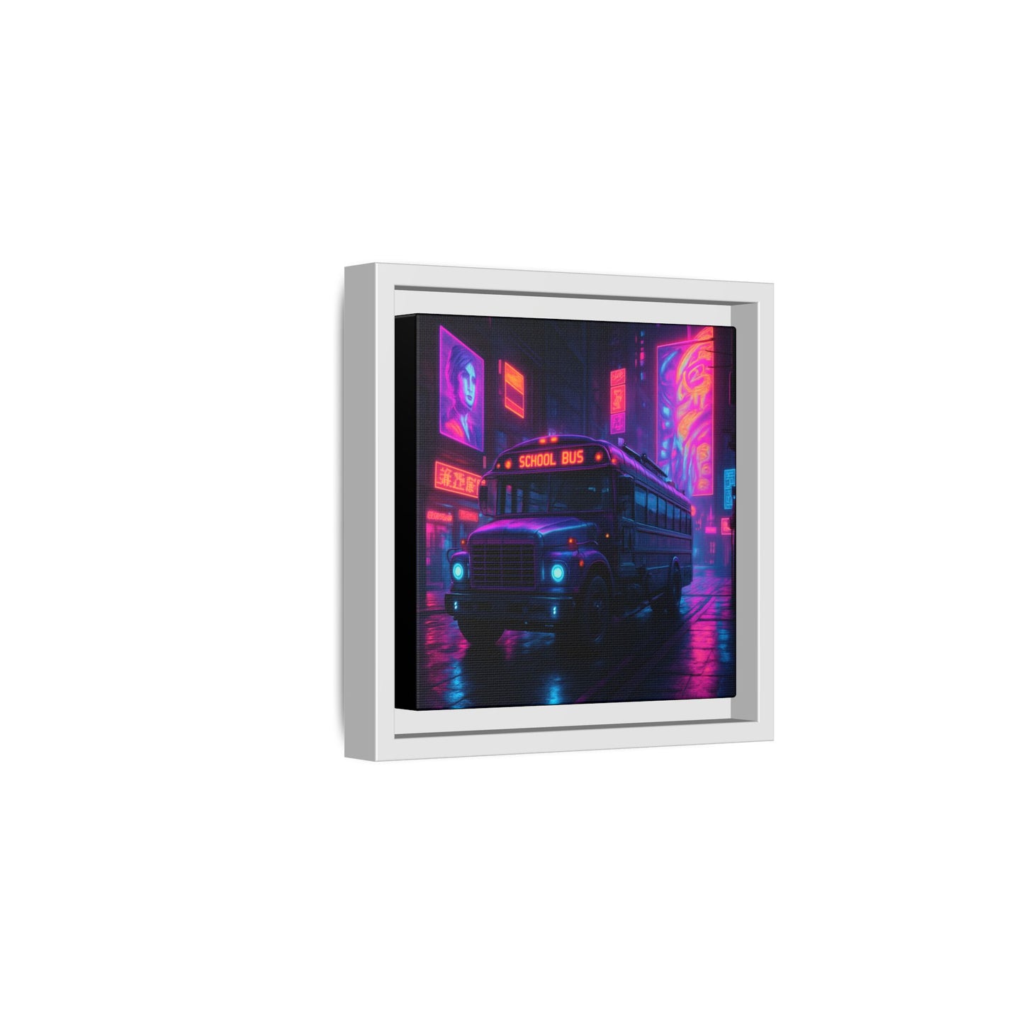 Neon School Bus City Framed Matte Canvas