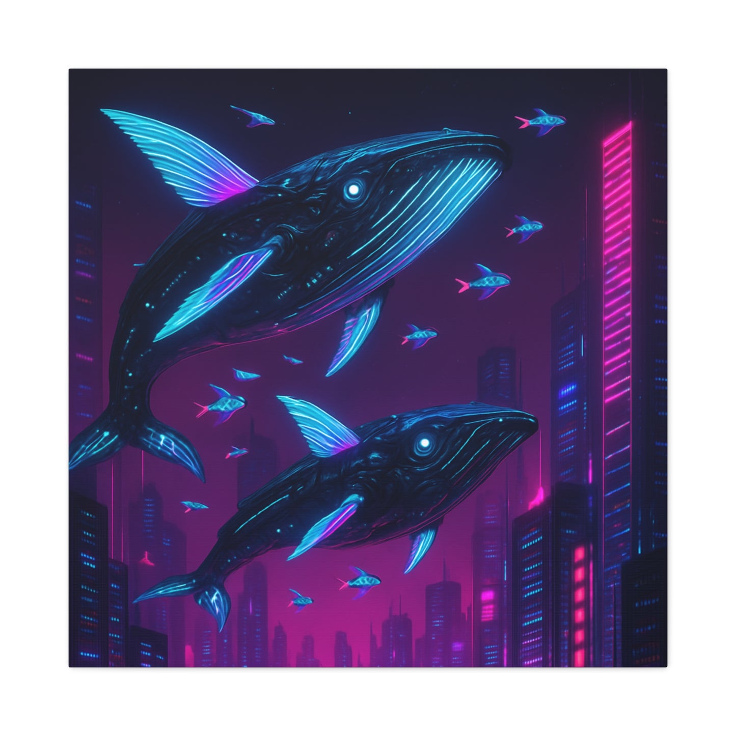 Neon Skyline Whales Matte Canvas