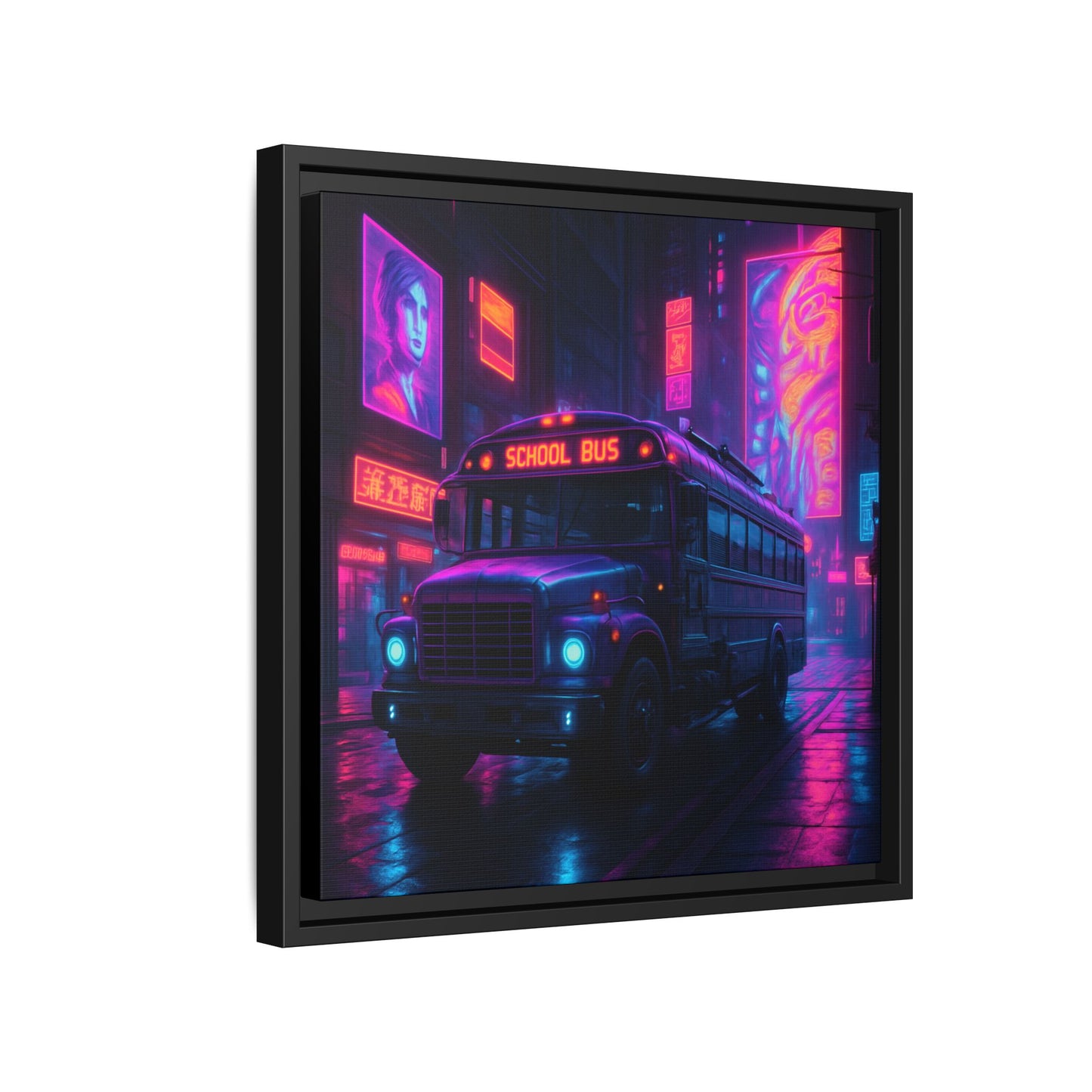 Neon School Bus City Framed Matte Canvas