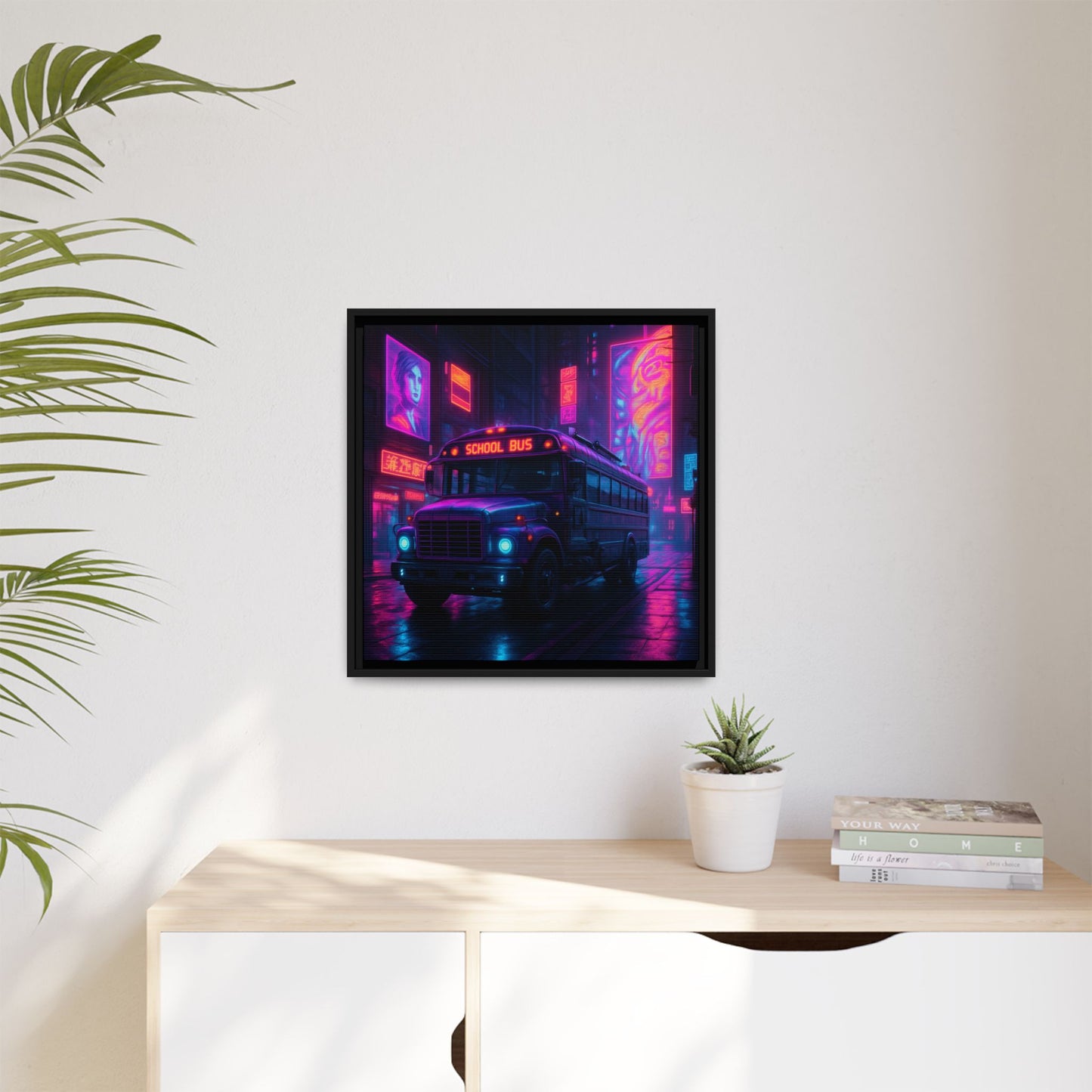 Neon School Bus City Framed Matte Canvas