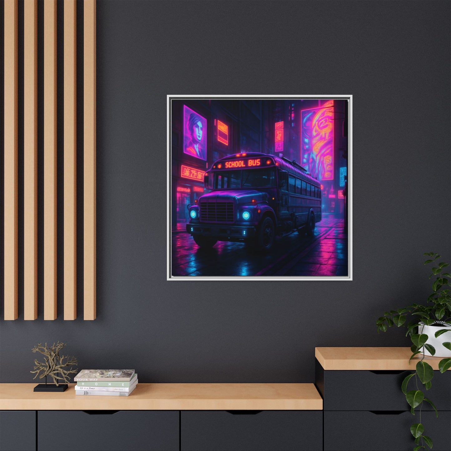 Neon School Bus City Framed Matte Canvas