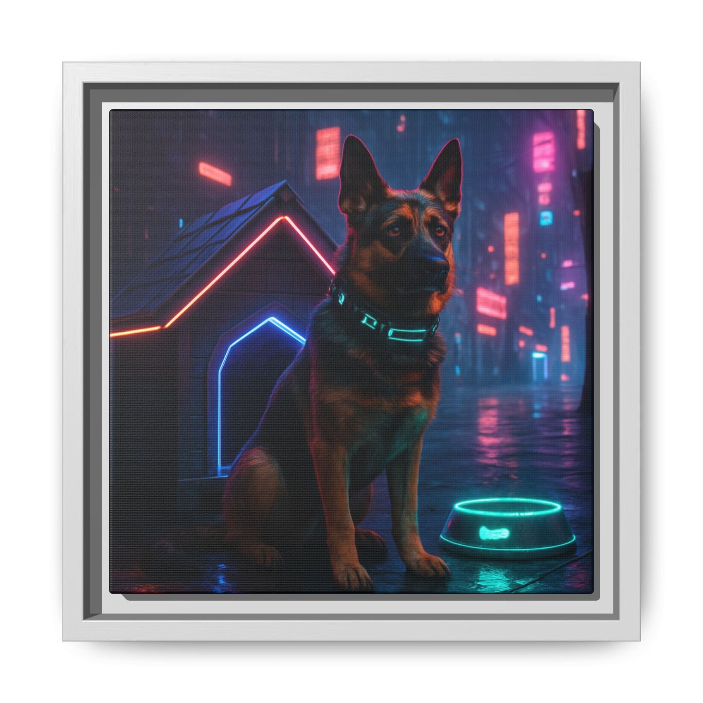 Neon City Dog Framed Matte Canvas