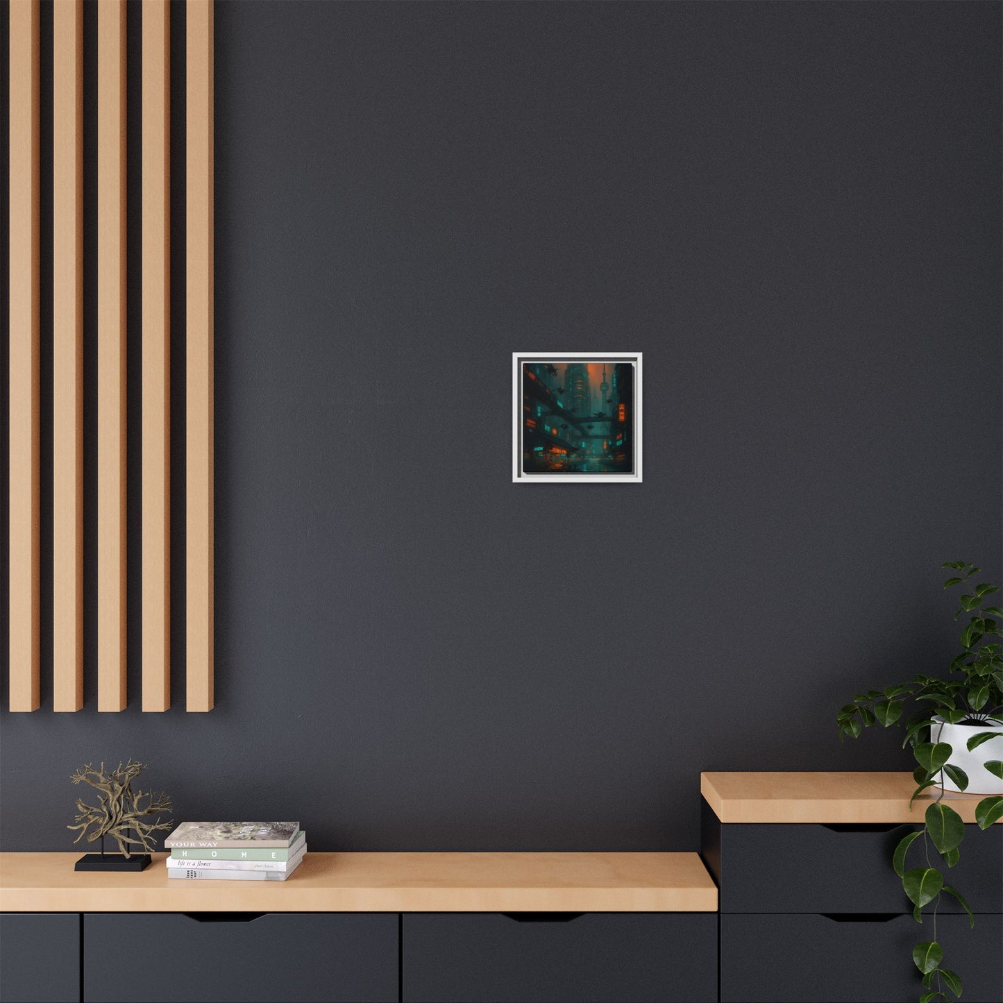 Neon Drone Cityscape Framed Matte Canvas