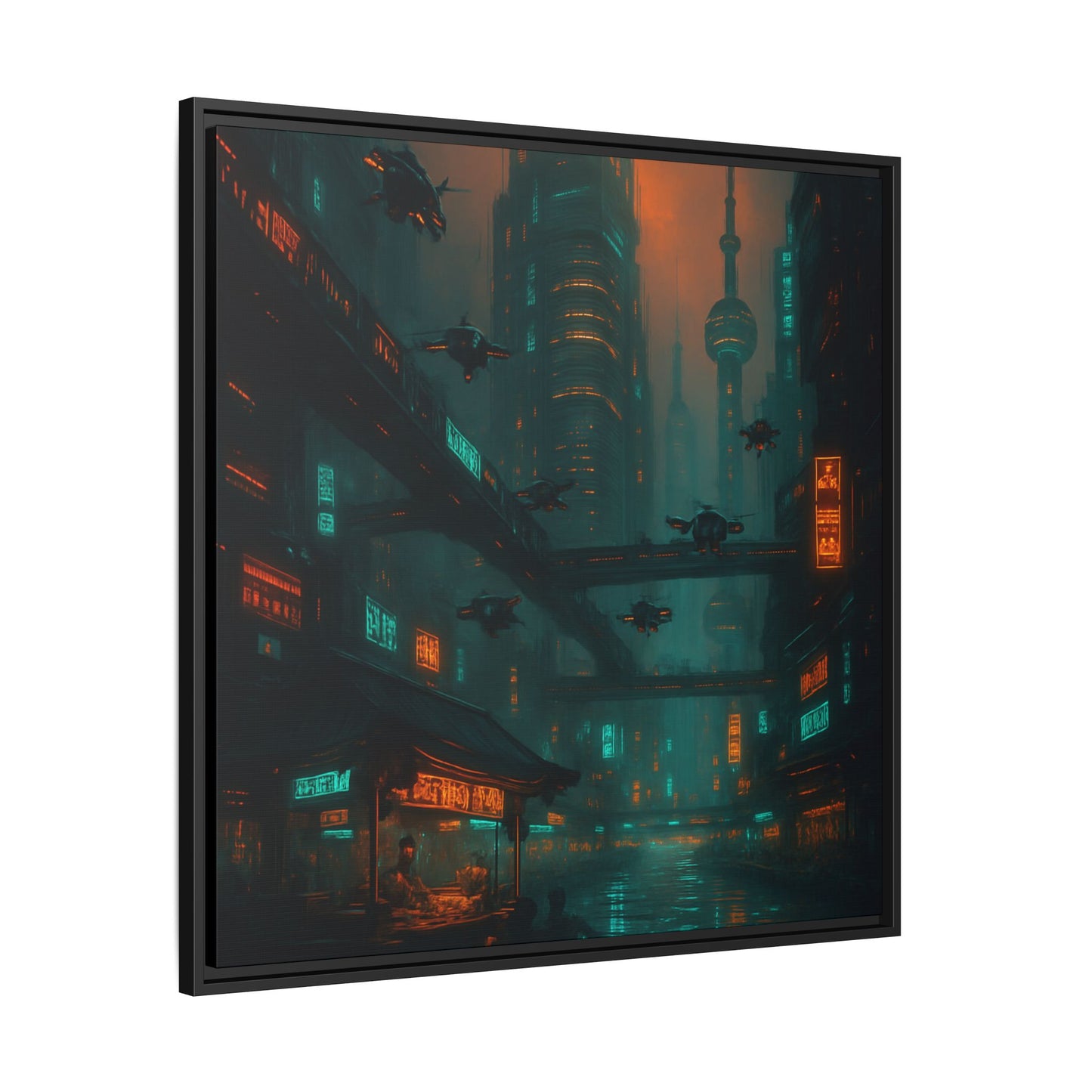 Neon Drone Cityscape Framed Matte Canvas