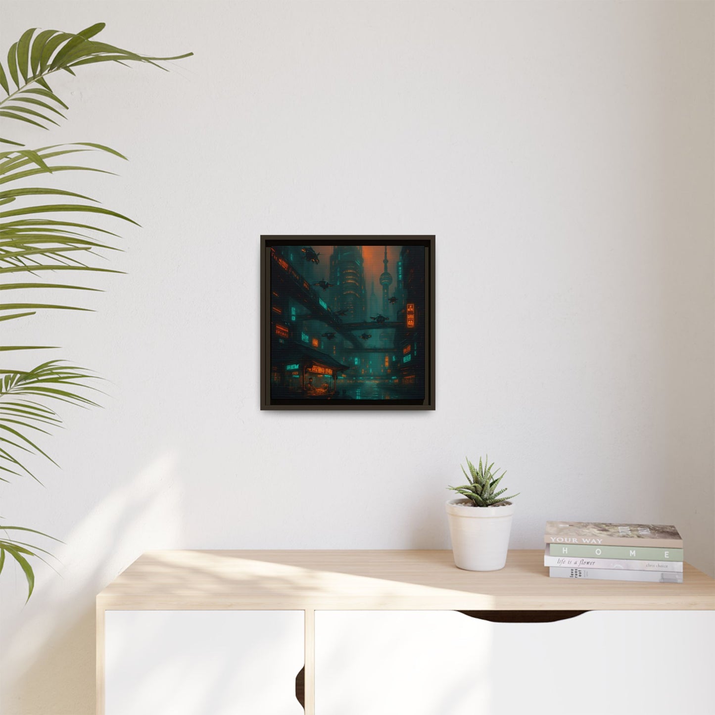 Neon Drone Cityscape Framed Matte Canvas
