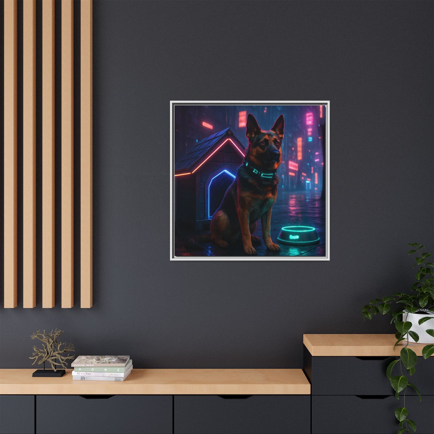Neon City Dog Framed Matte Canvas