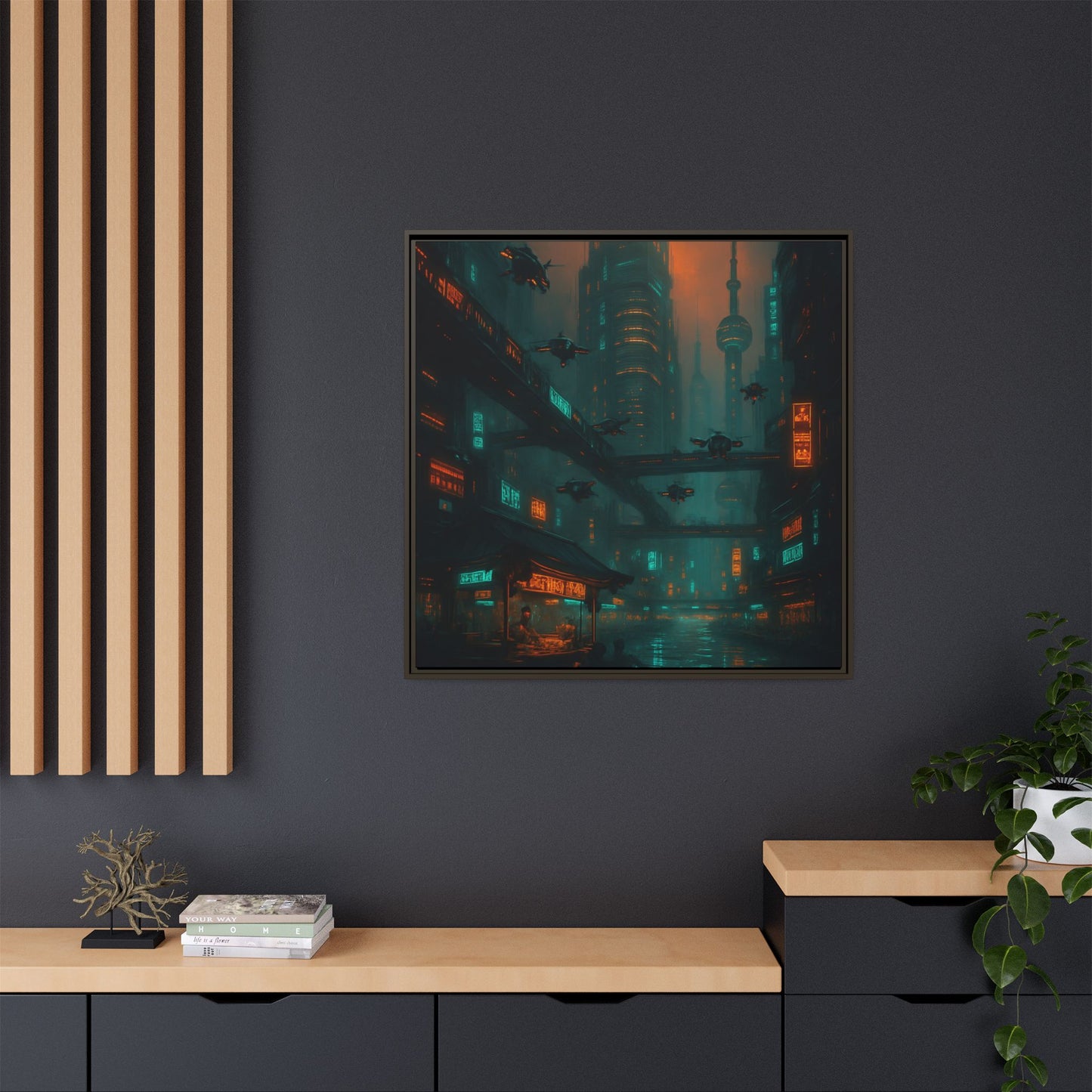 Neon Drone Cityscape Framed Matte Canvas