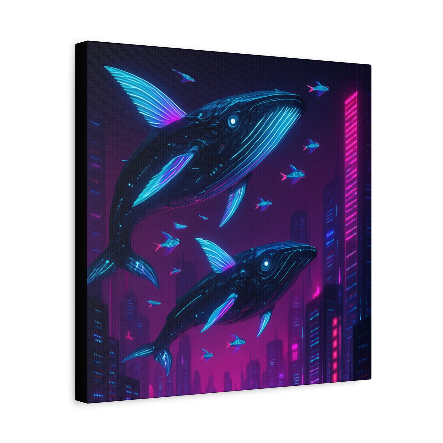 Neon Skyline Whales Matte Canvas