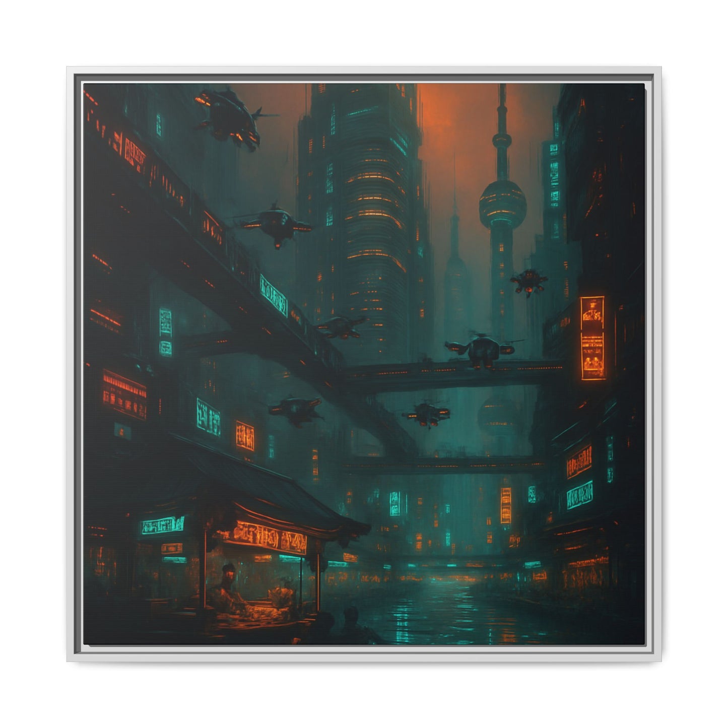 Neon Drone Cityscape Framed Matte Canvas