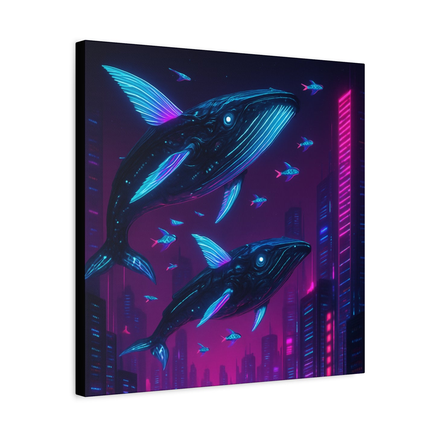 Neon Skyline Whales Matte Canvas