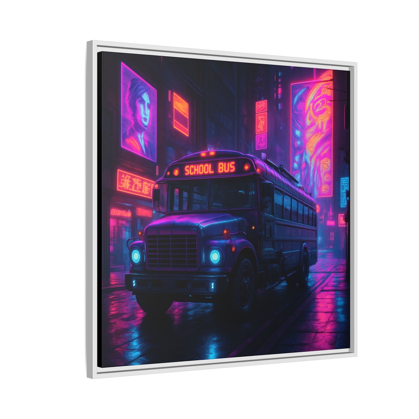 Neon School Bus City Framed Matte Canvas