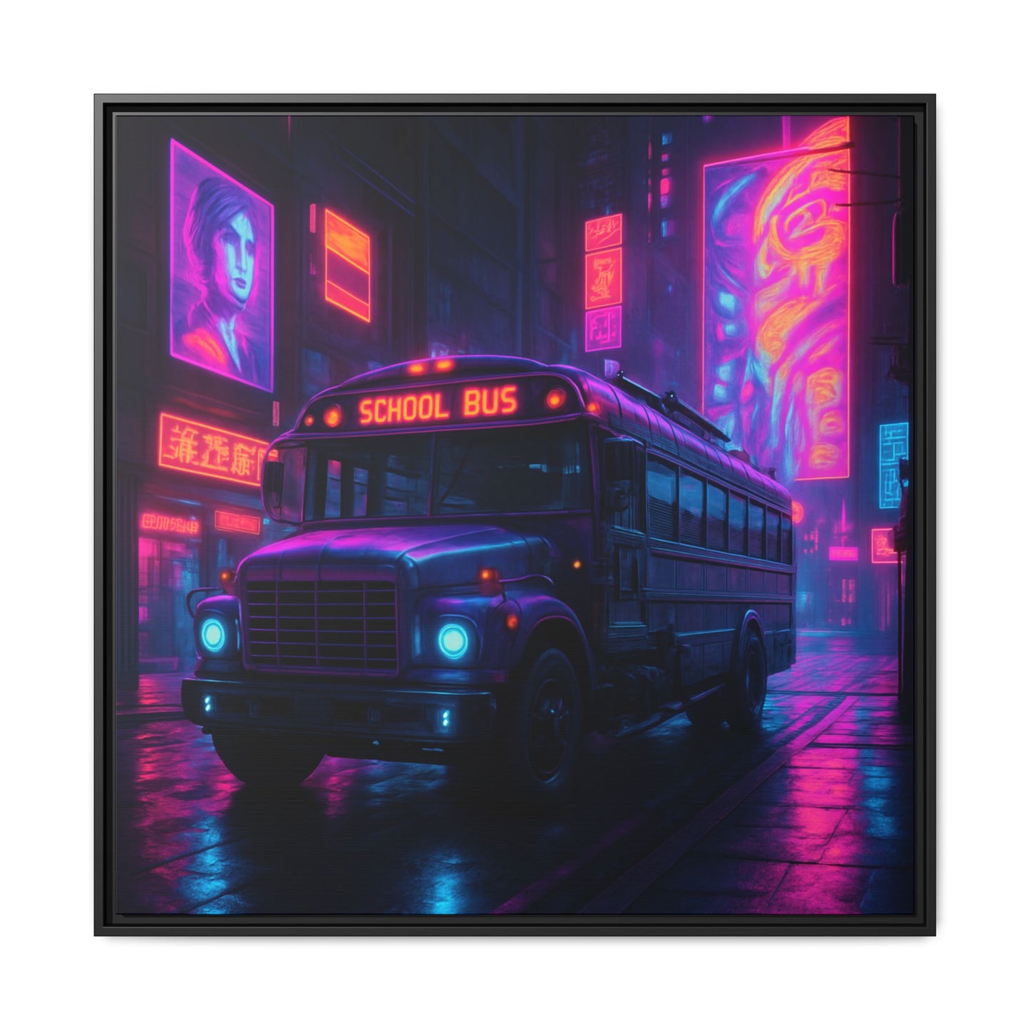 Neon School Bus City Framed Matte Canvas