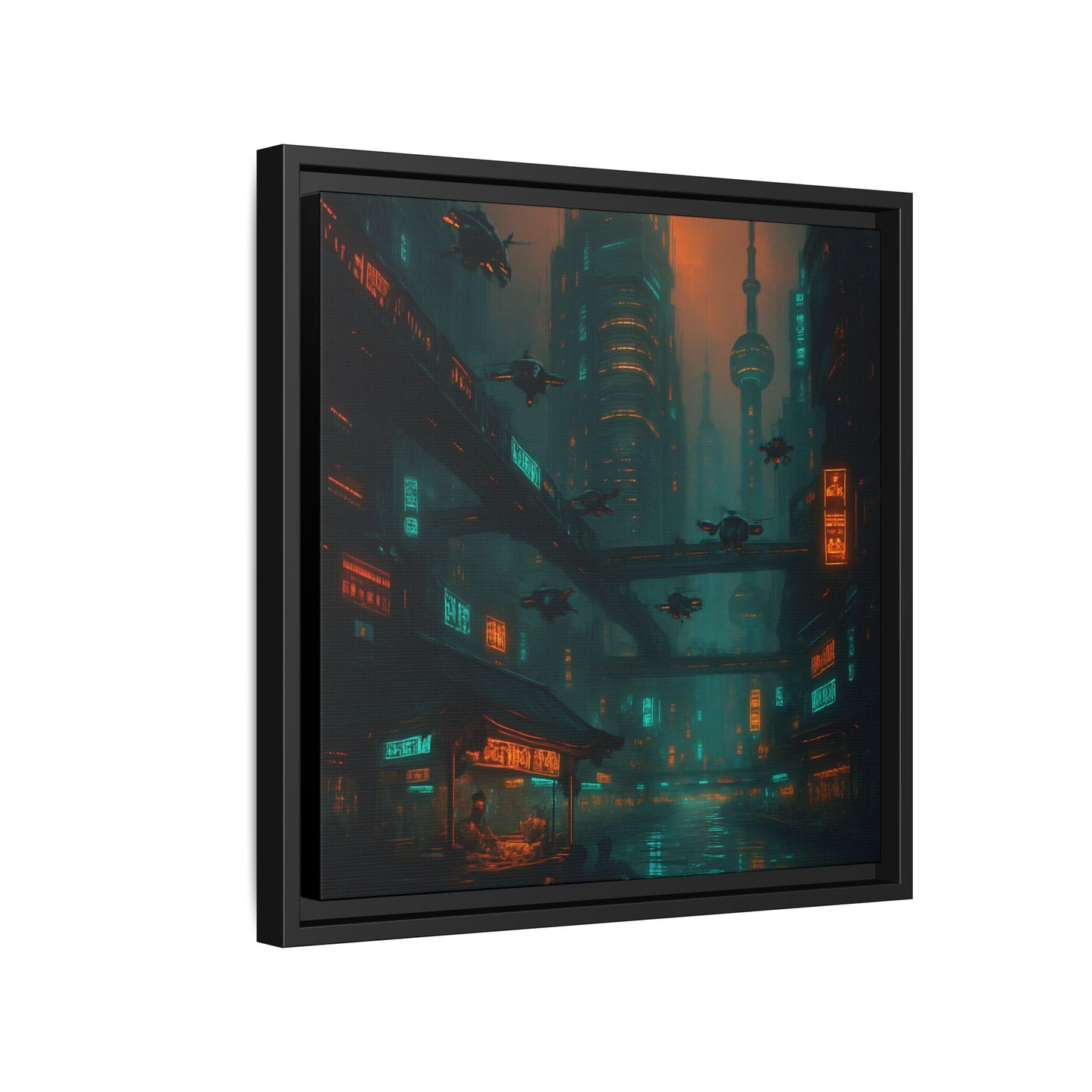 Neon Drone Cityscape Framed Matte Canvas