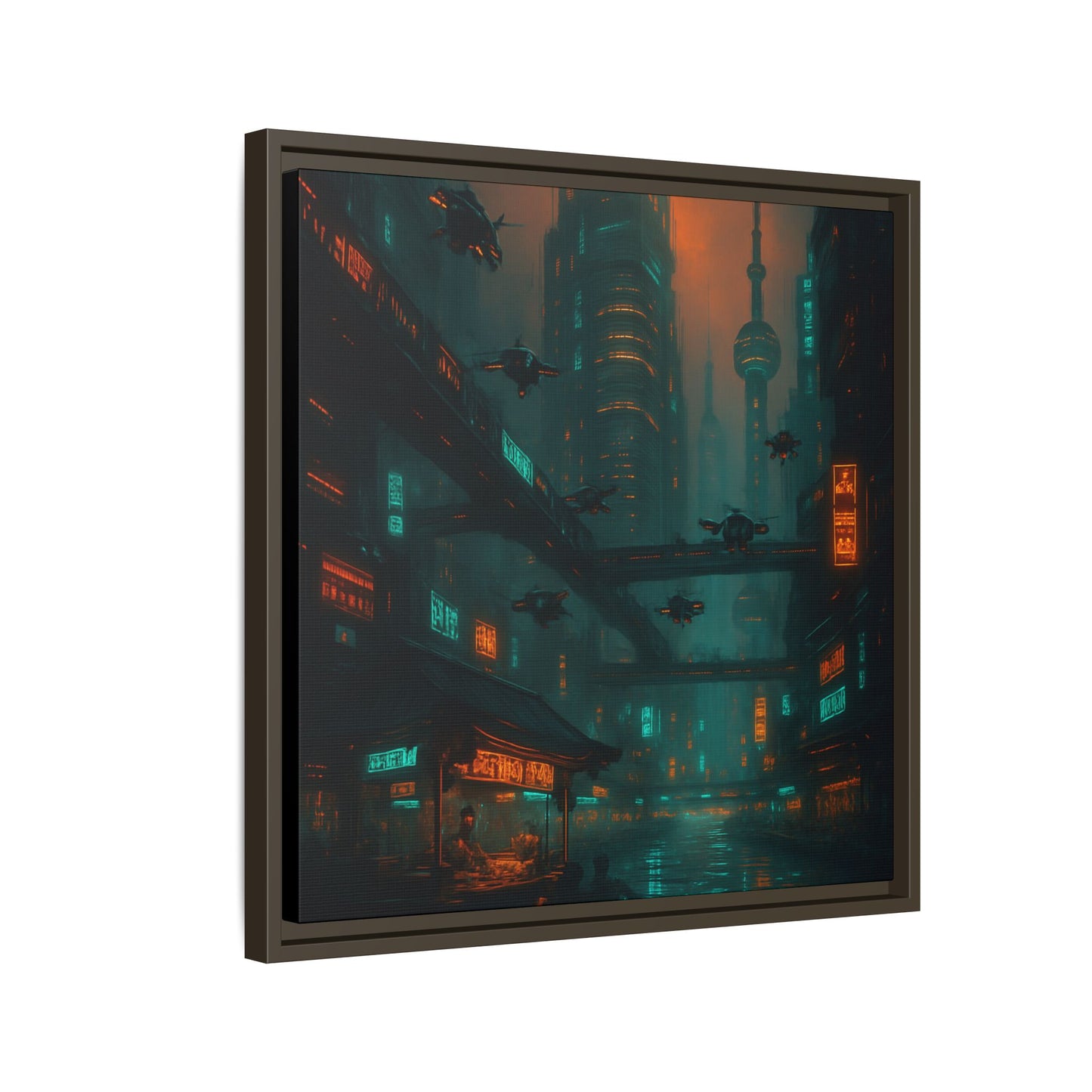 Neon Drone Cityscape Framed Matte Canvas