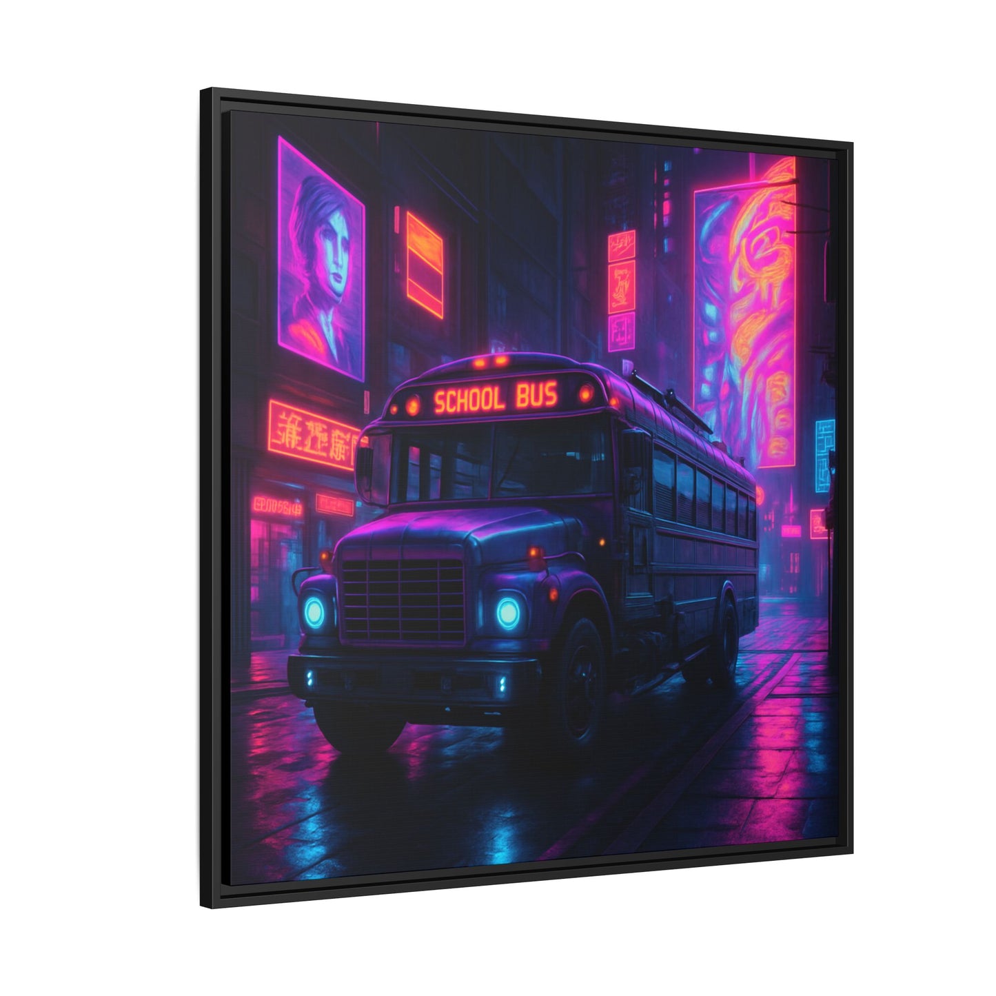 Neon School Bus City Framed Matte Canvas