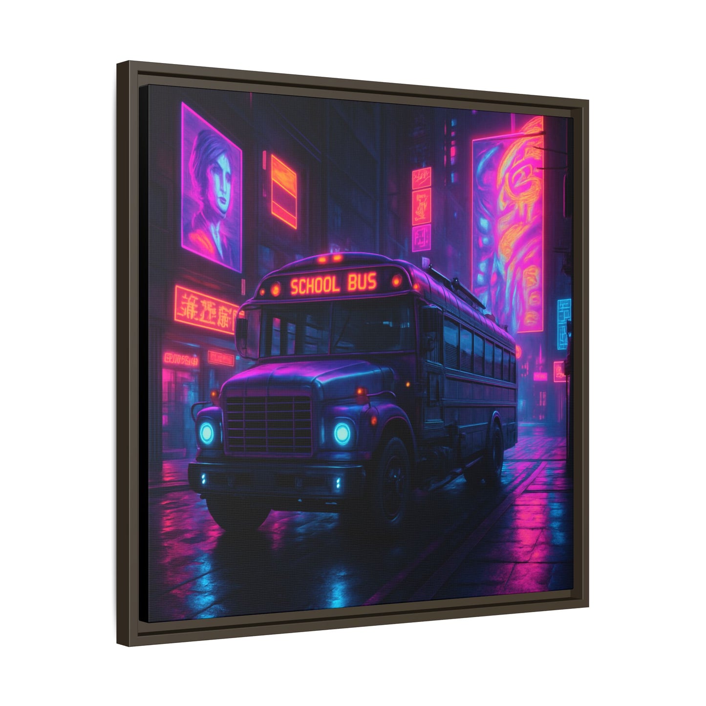 Neon School Bus City Framed Matte Canvas