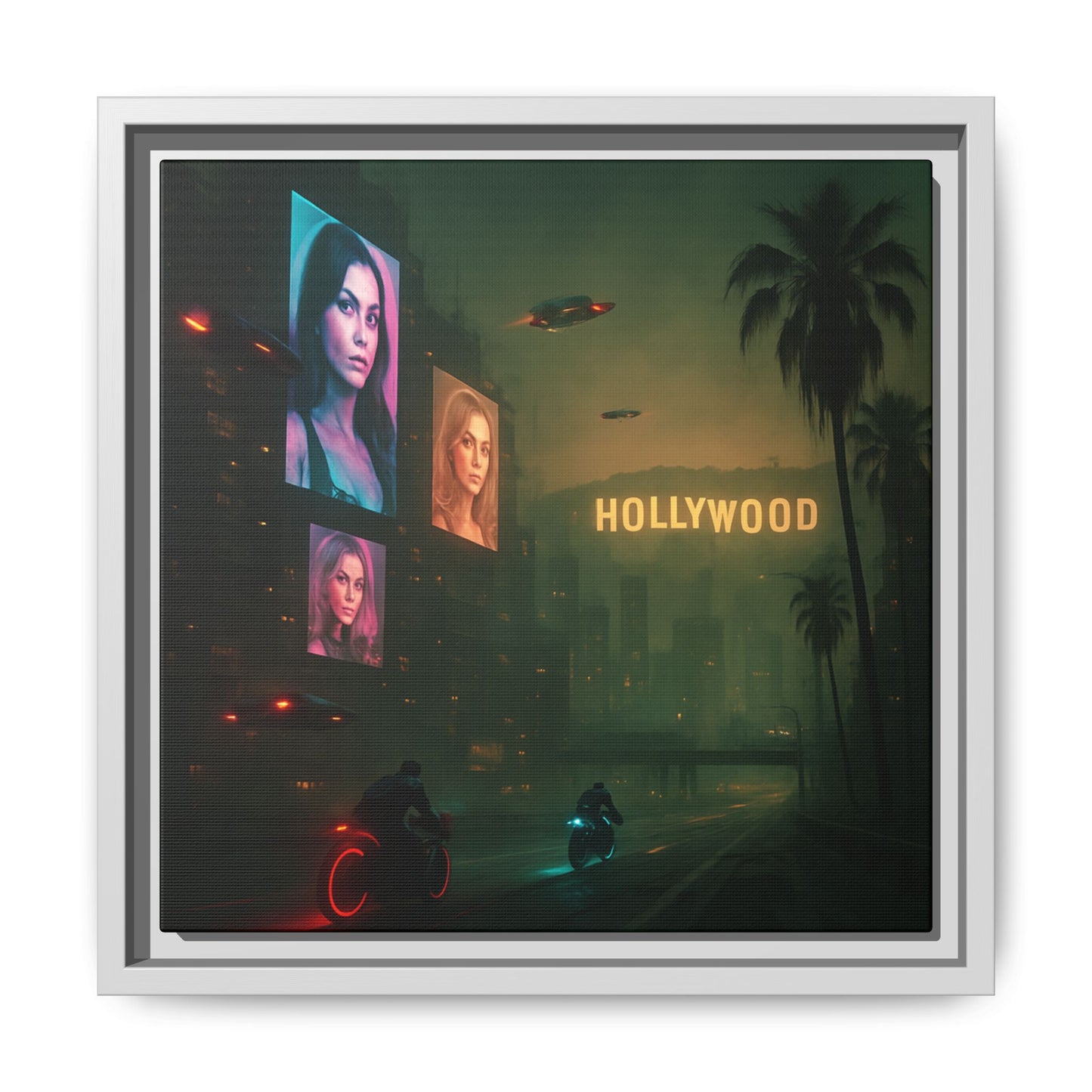 Neon Hollywood Nights Framed Matte Canvas
