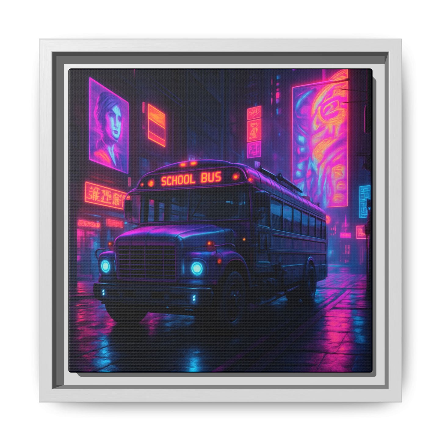 Neon School Bus City Framed Matte Canvas