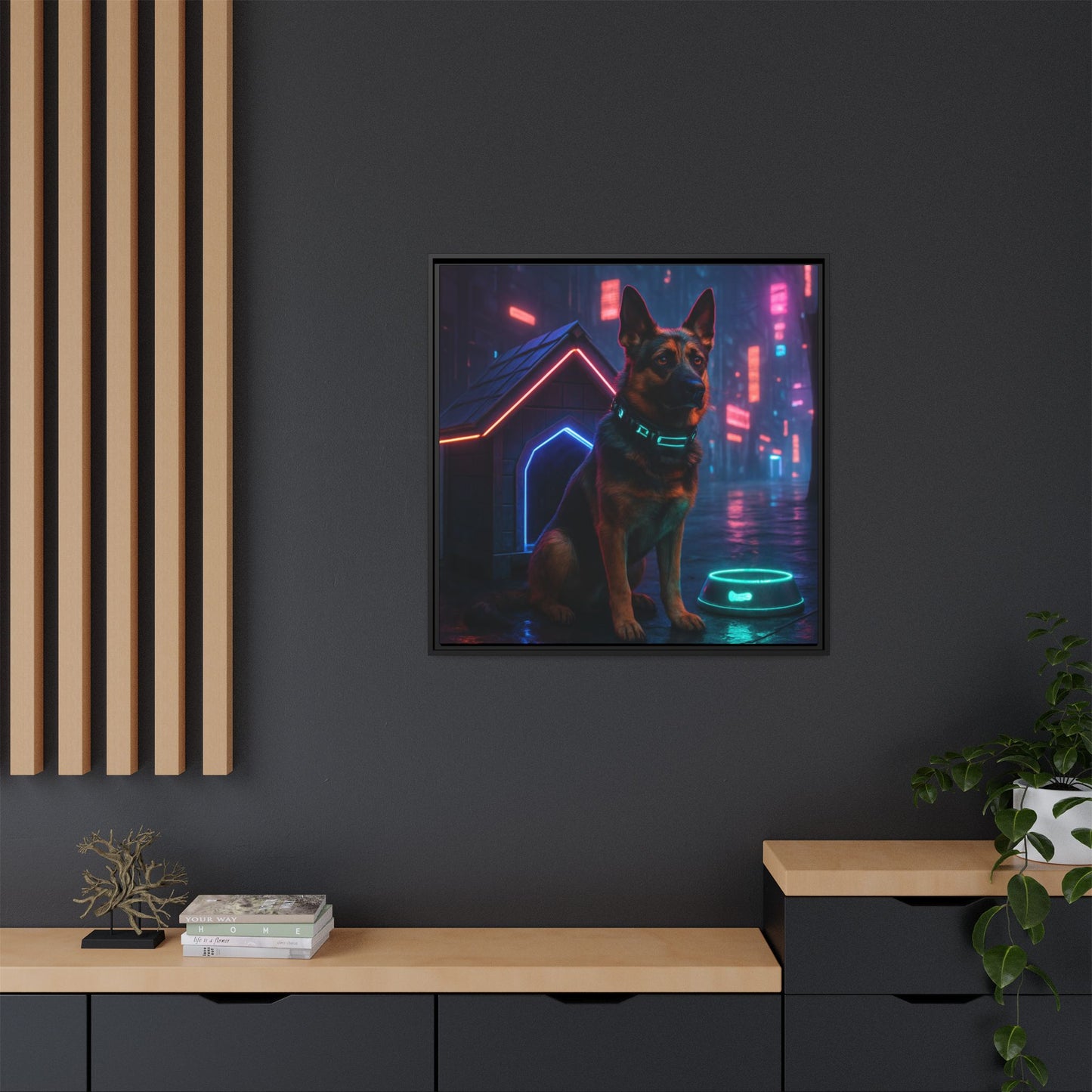 Neon City Dog Framed Matte Canvas