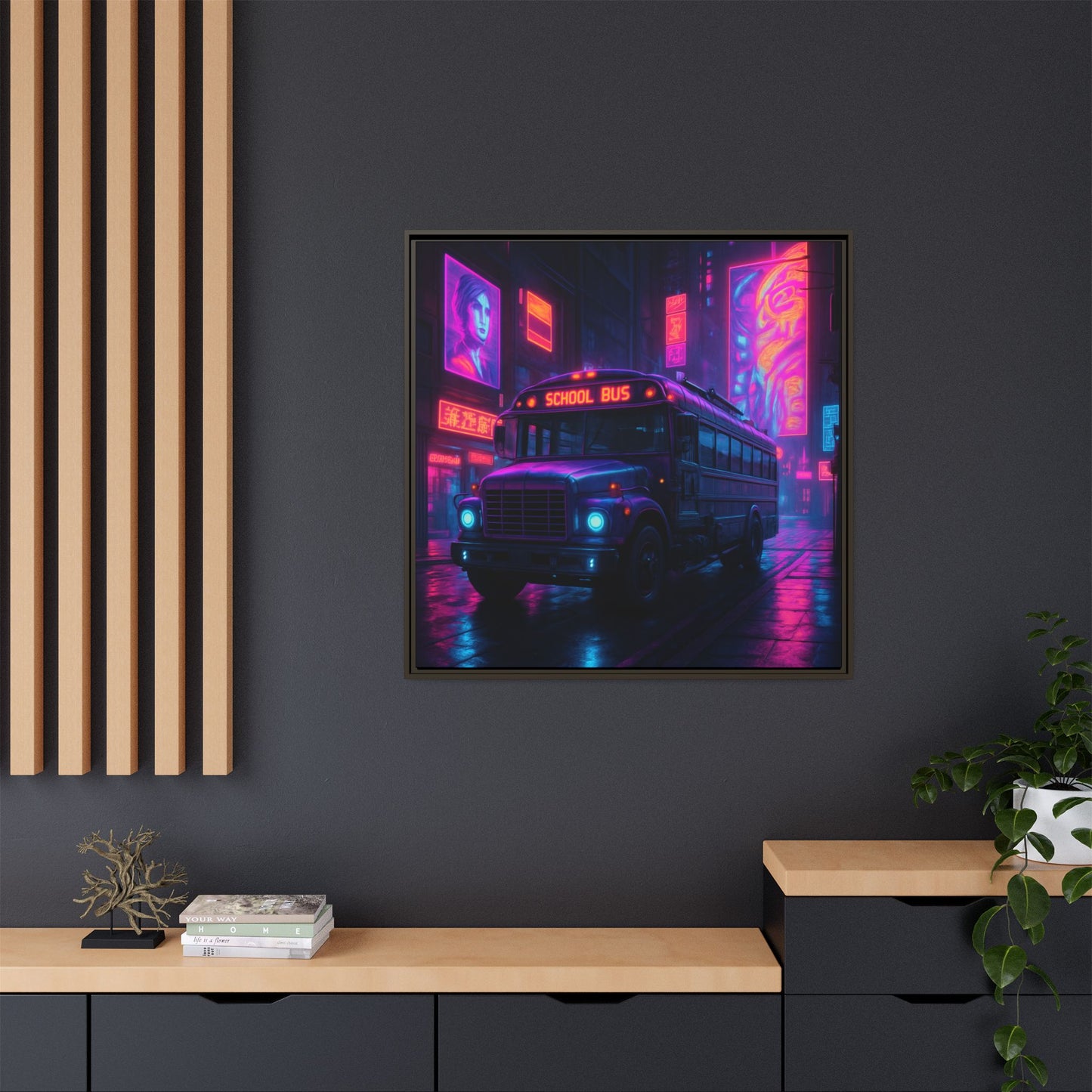 Neon School Bus City Framed Matte Canvas