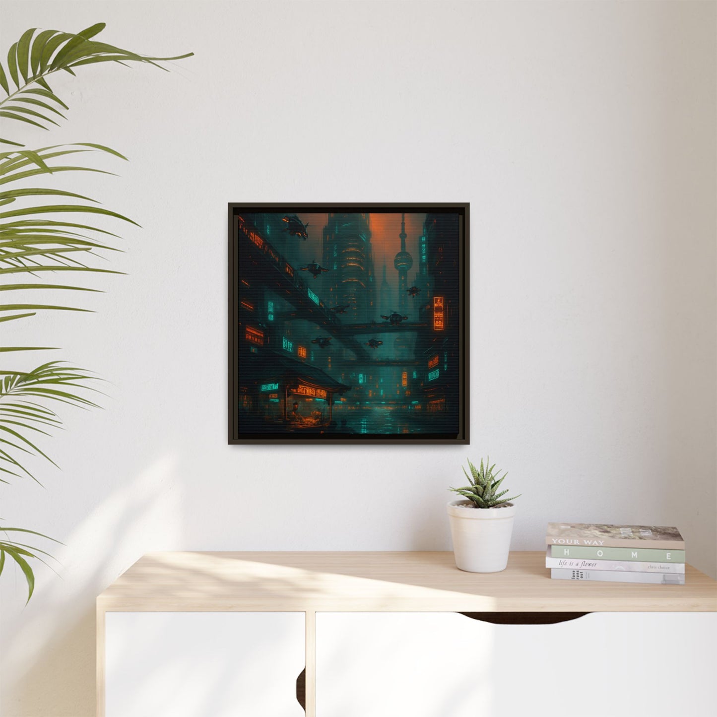 Neon Drone Cityscape Framed Matte Canvas
