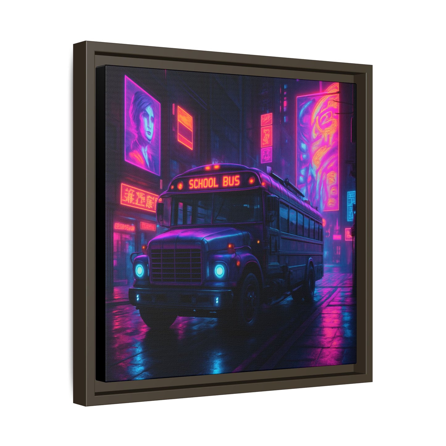 Neon School Bus City Framed Matte Canvas