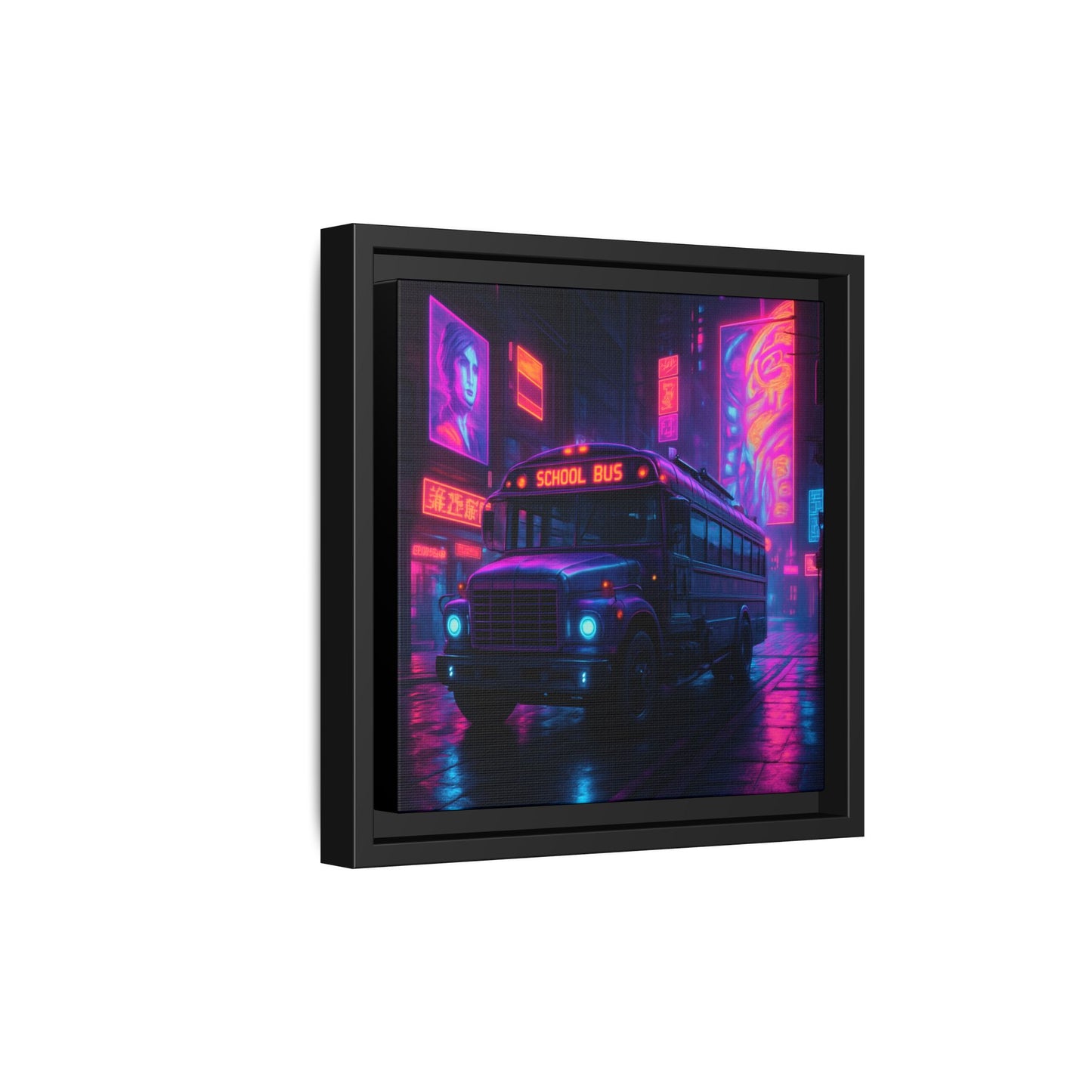 Neon School Bus City Framed Matte Canvas