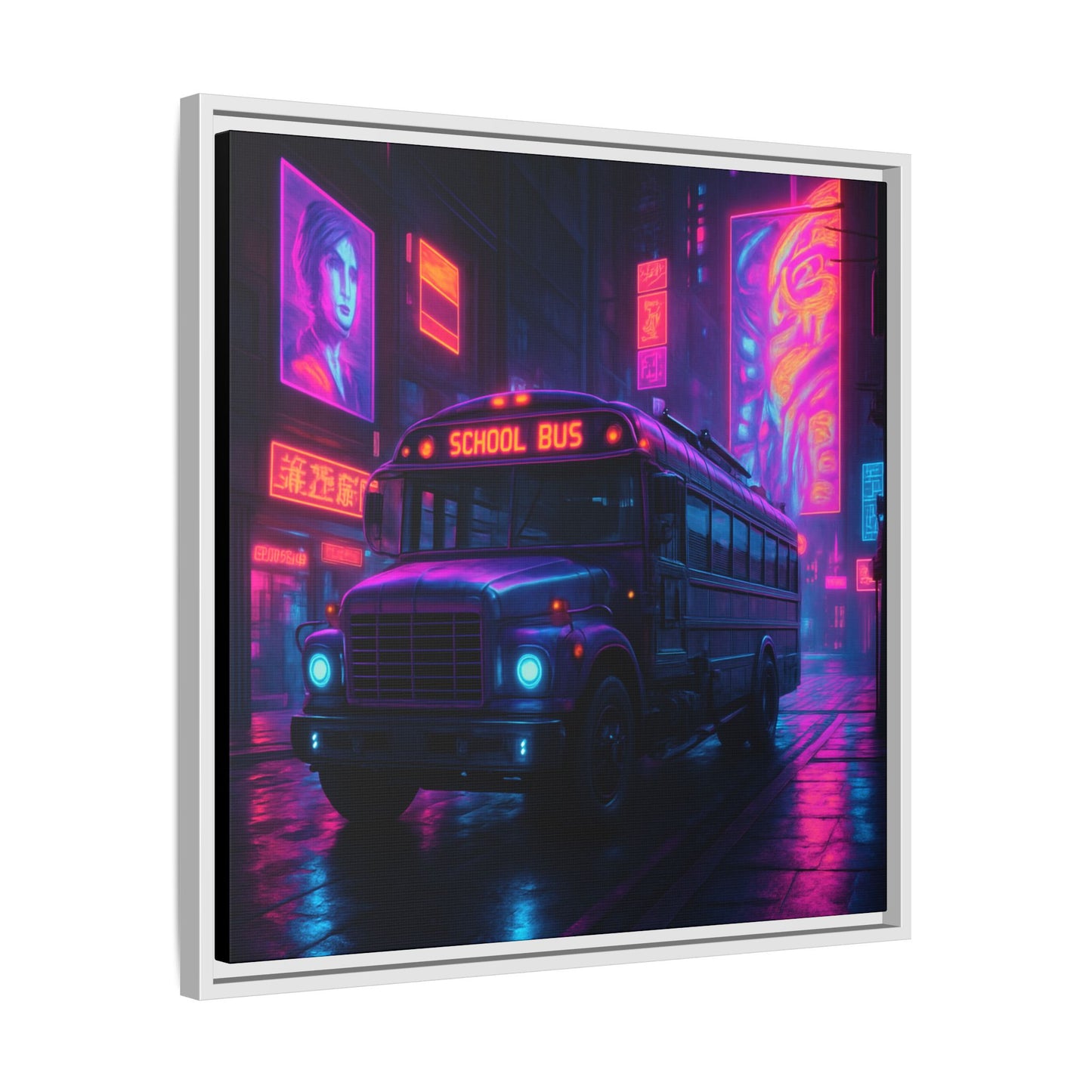 Neon School Bus City Framed Matte Canvas