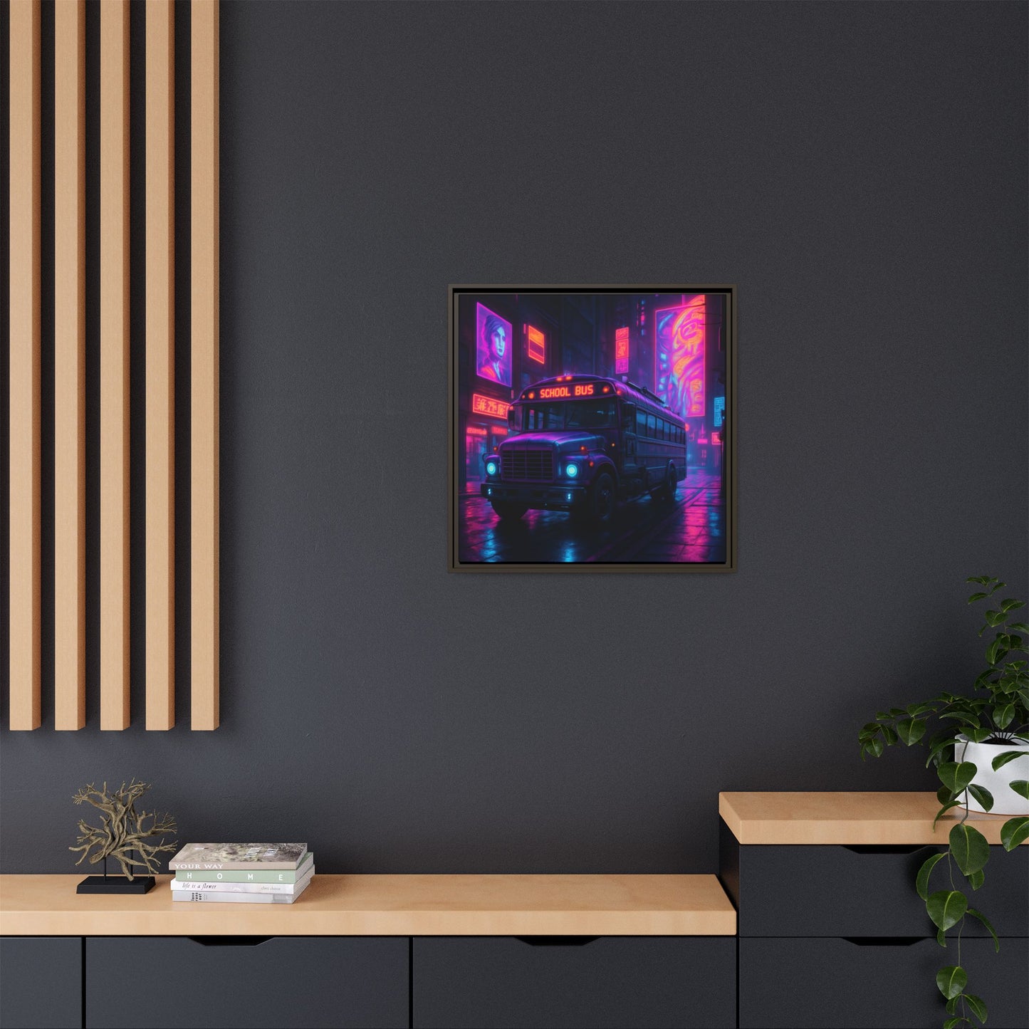 Neon School Bus City Framed Matte Canvas