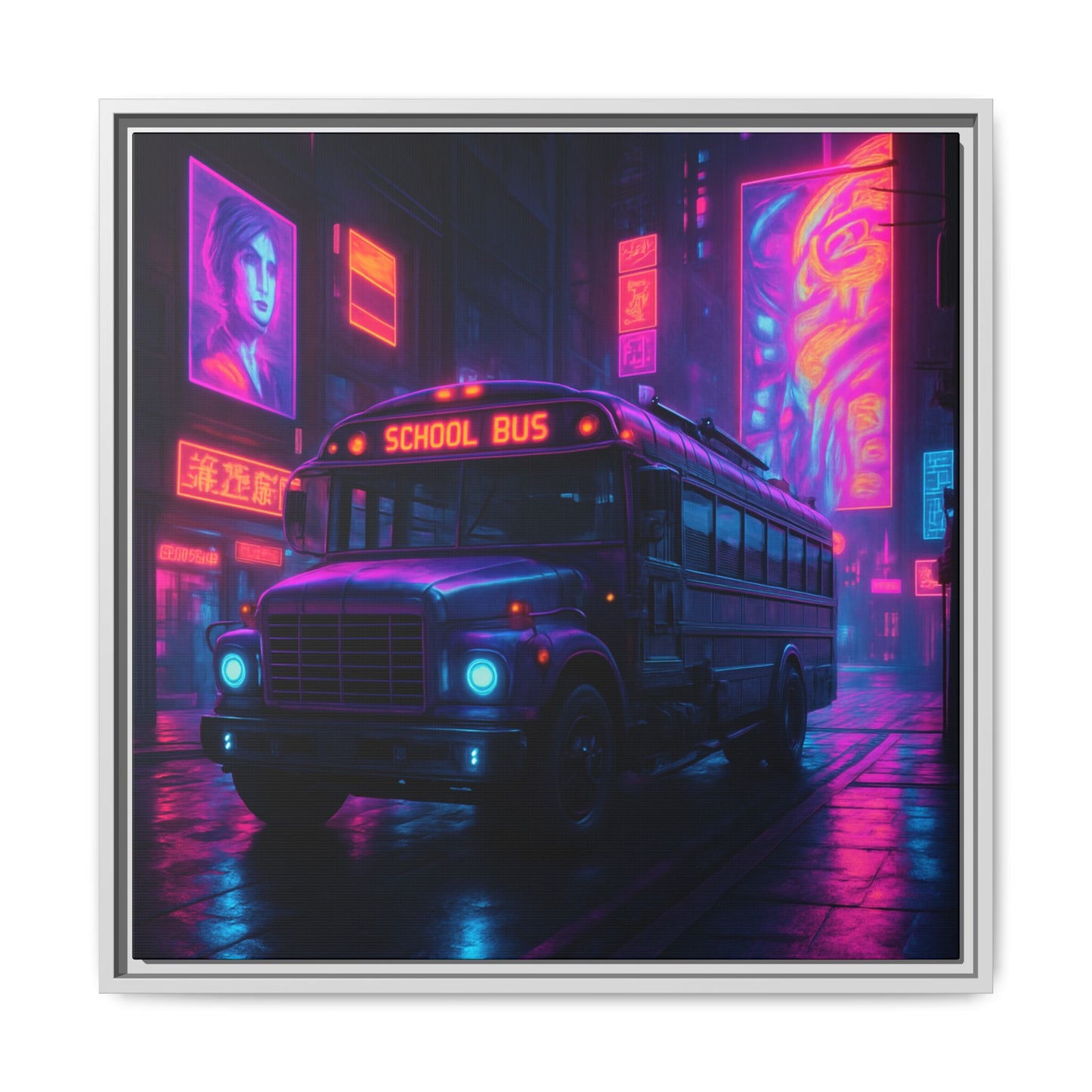 Neon School Bus City Framed Matte Canvas