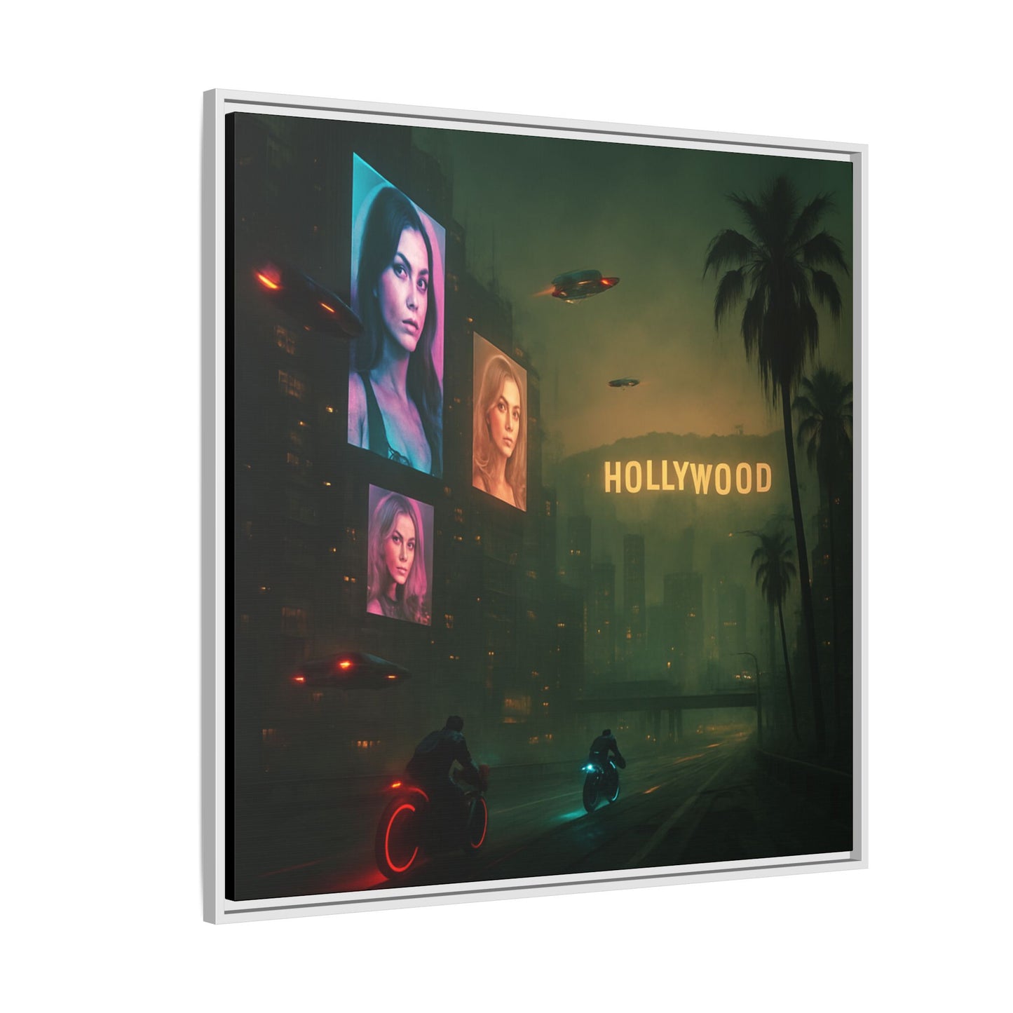 Neon Hollywood Nights Framed Matte Canvas