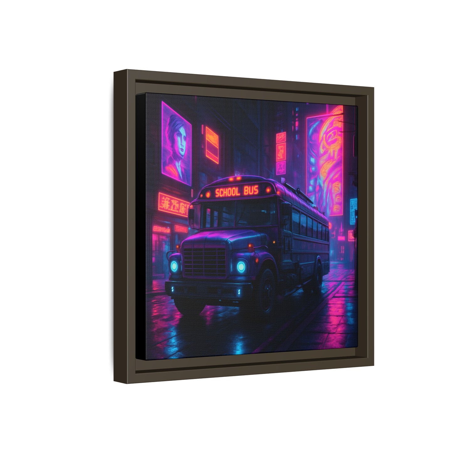 Neon School Bus City Framed Matte Canvas