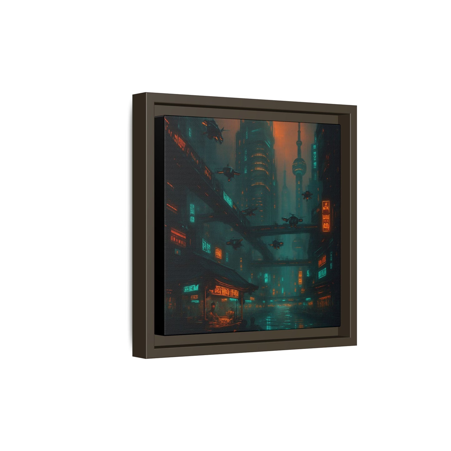 Neon Drone Cityscape Framed Matte Canvas