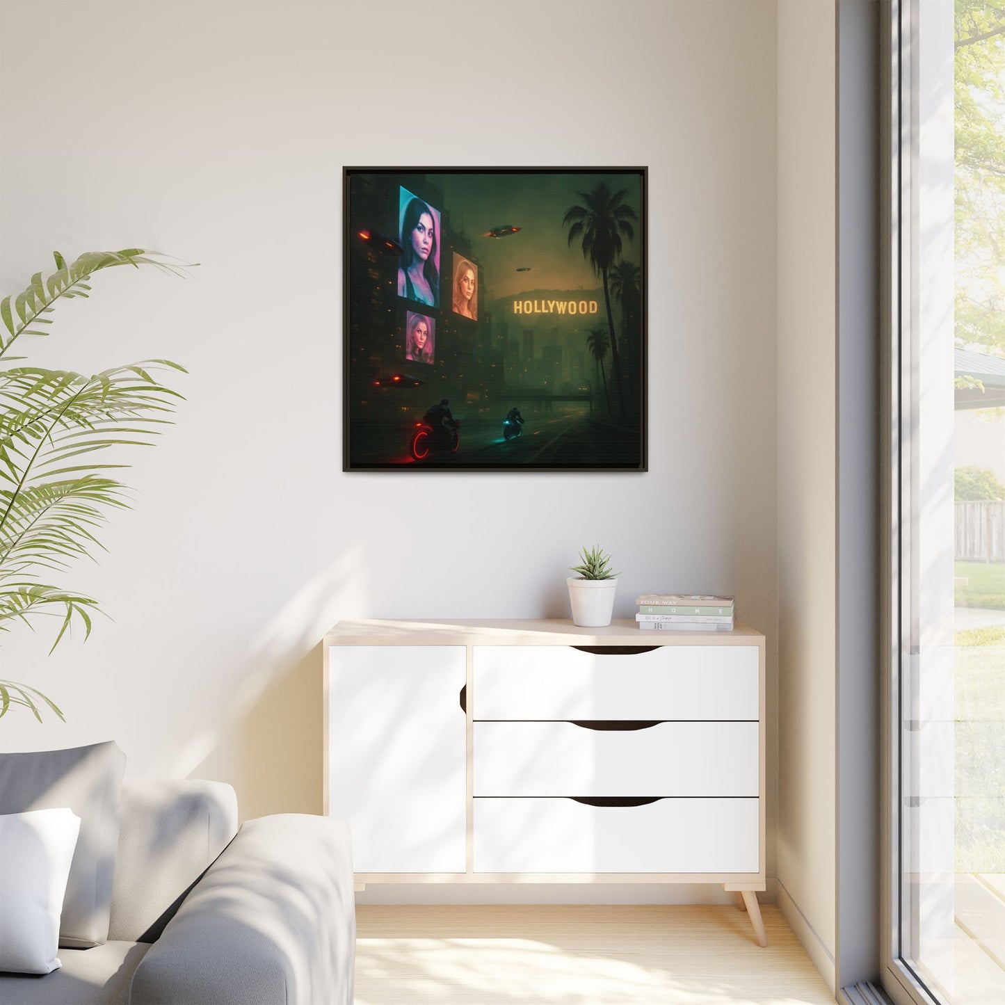 Neon Hollywood Nights Framed Matte Canvas