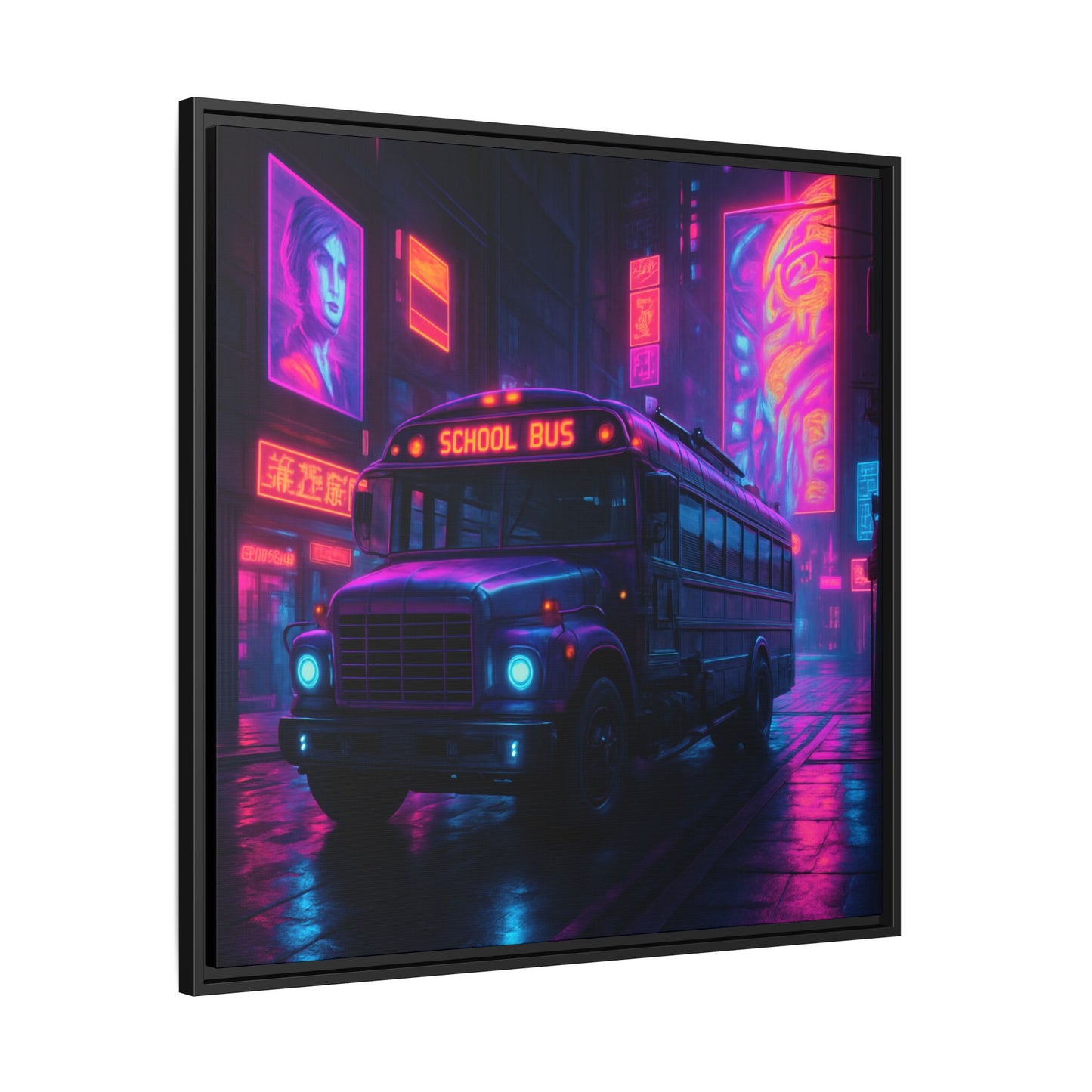 Neon School Bus City Framed Matte Canvas