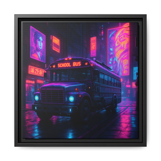 Neon School Bus City Framed Matte Canvas