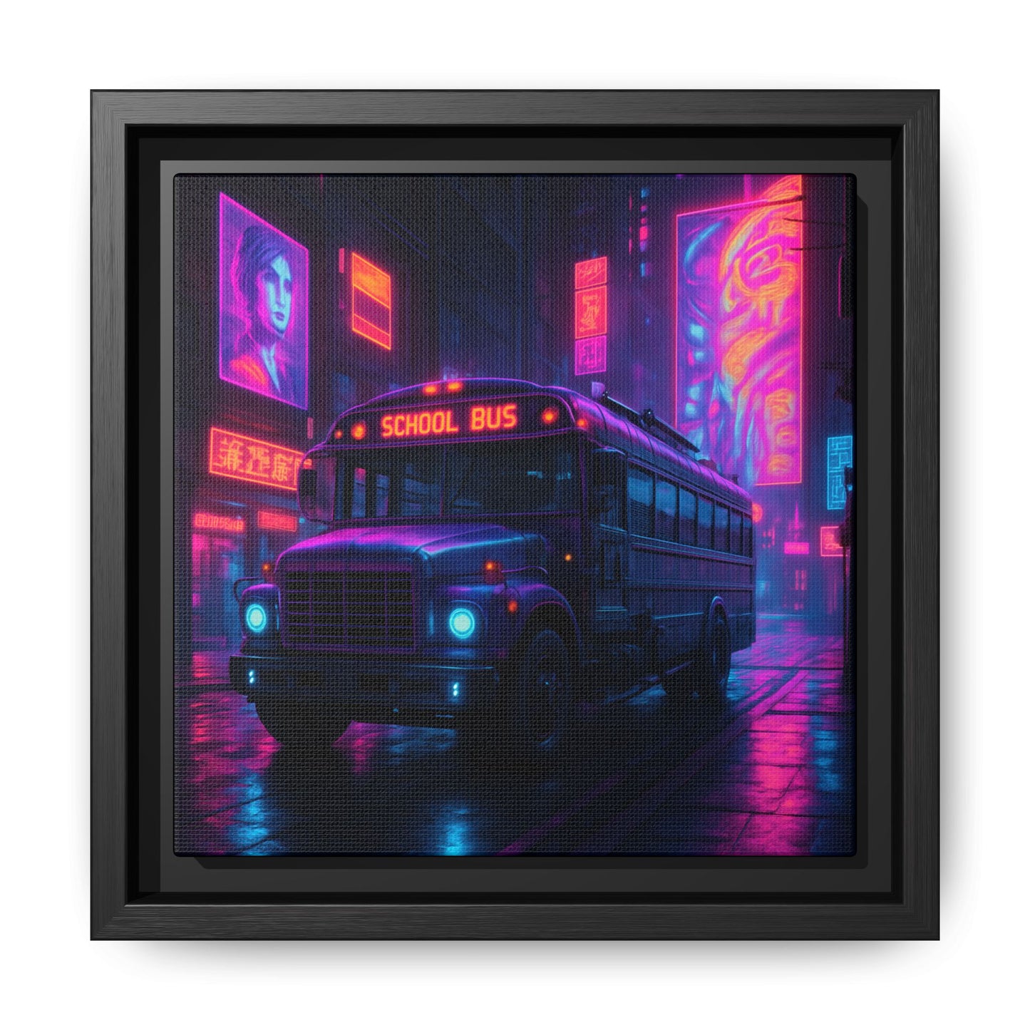 Neon School Bus City Framed Matte Canvas