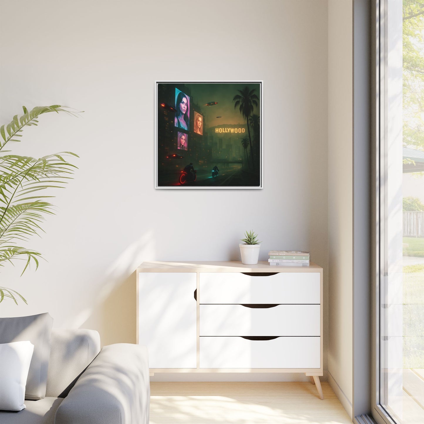 Neon Hollywood Nights Framed Matte Canvas