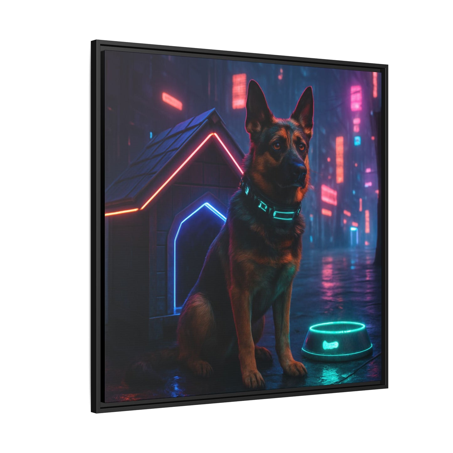 Neon City Dog Framed Matte Canvas