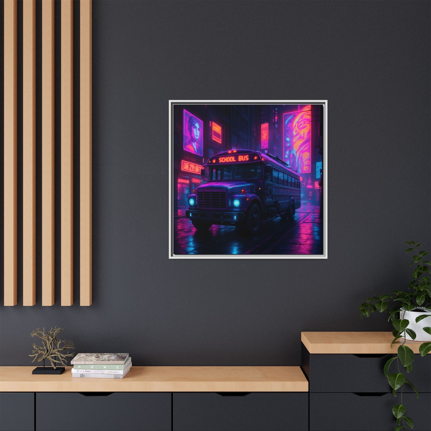Neon School Bus City Framed Matte Canvas