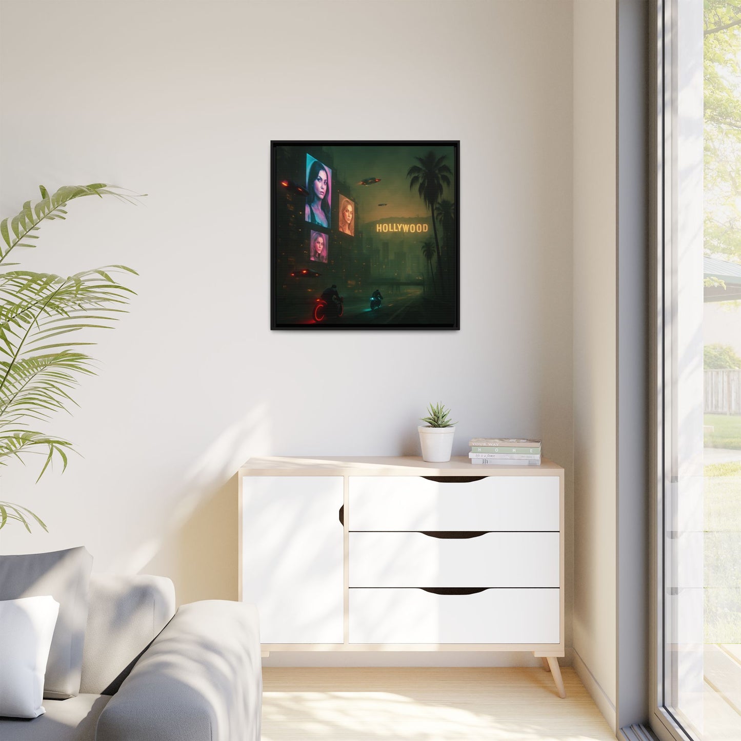 Neon Hollywood Nights Framed Matte Canvas