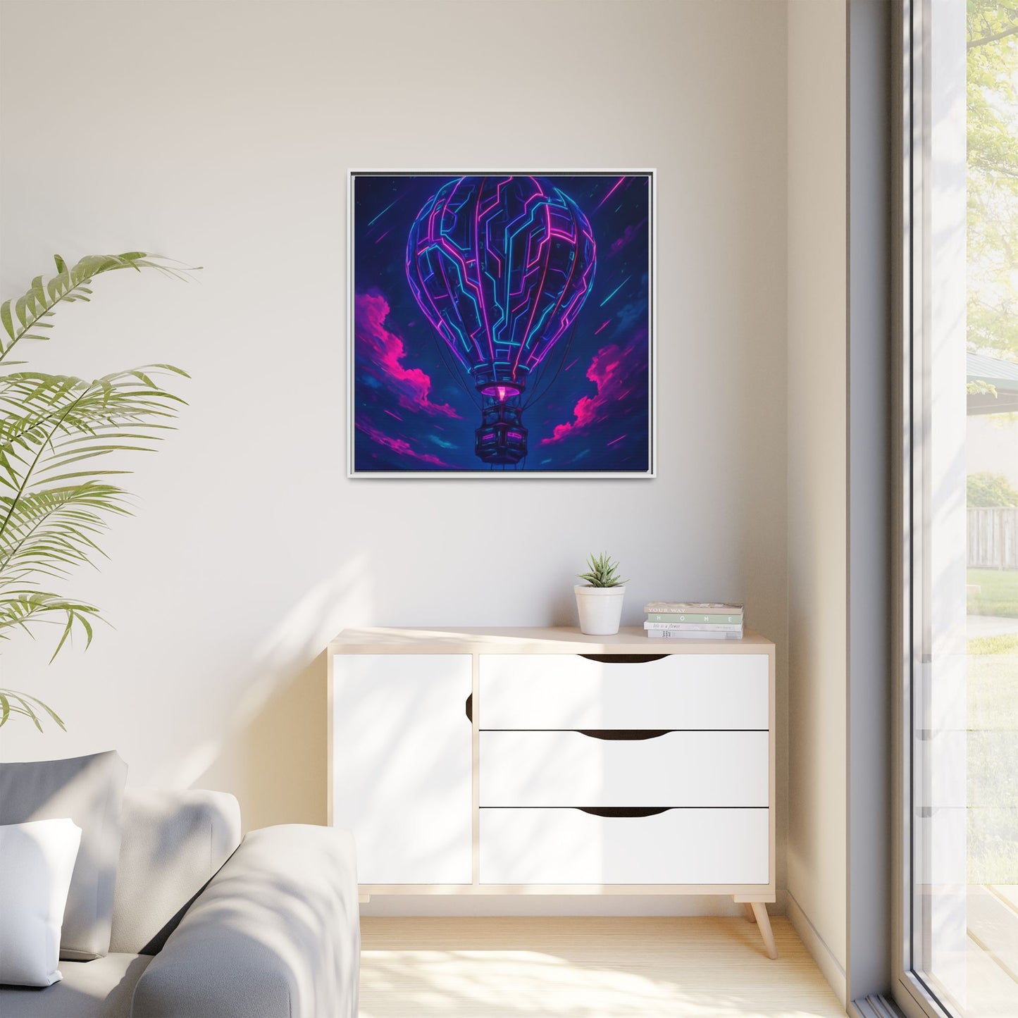 Neon Circuit Balloon Framed Matte Canvas