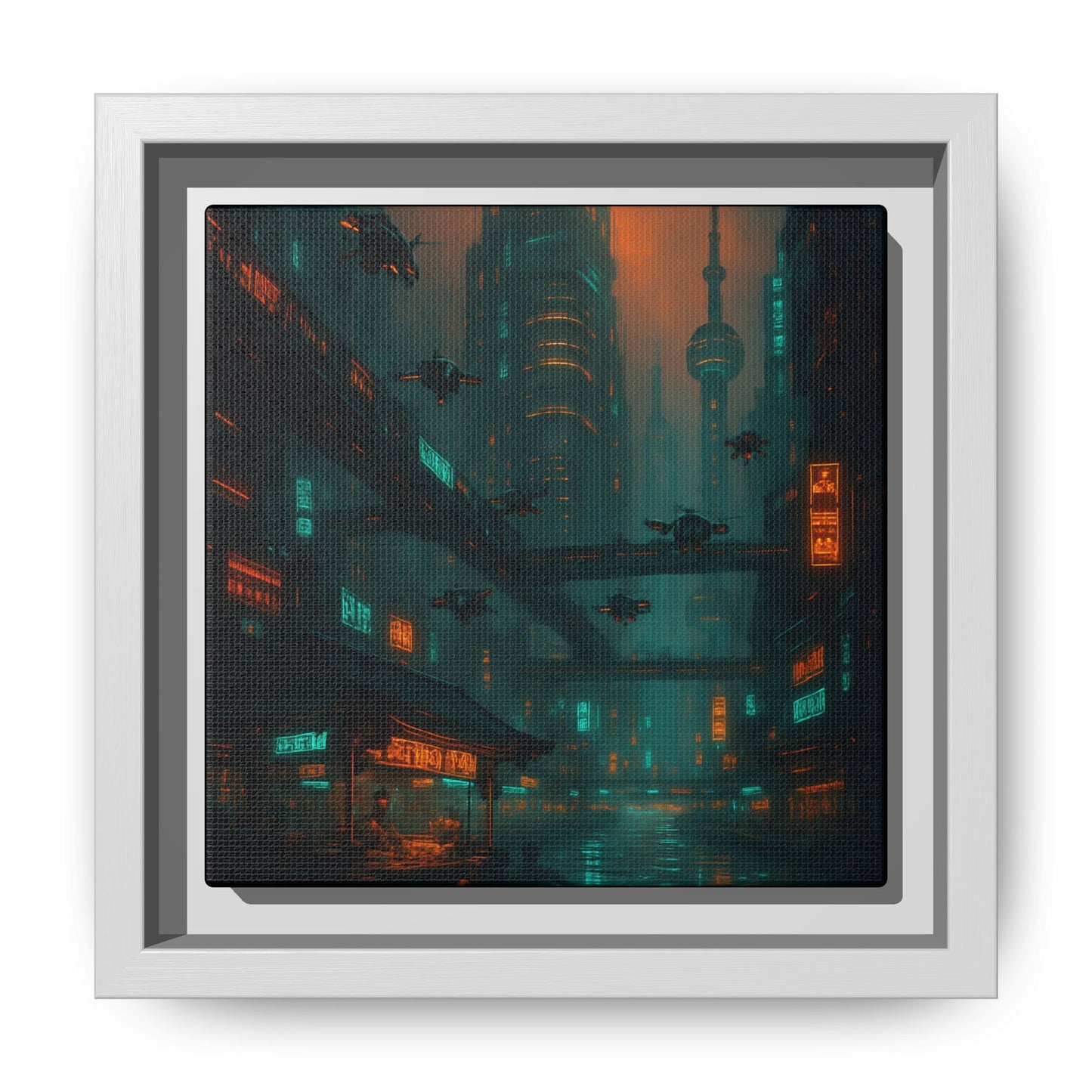 Neon Drone Cityscape Framed Matte Canvas