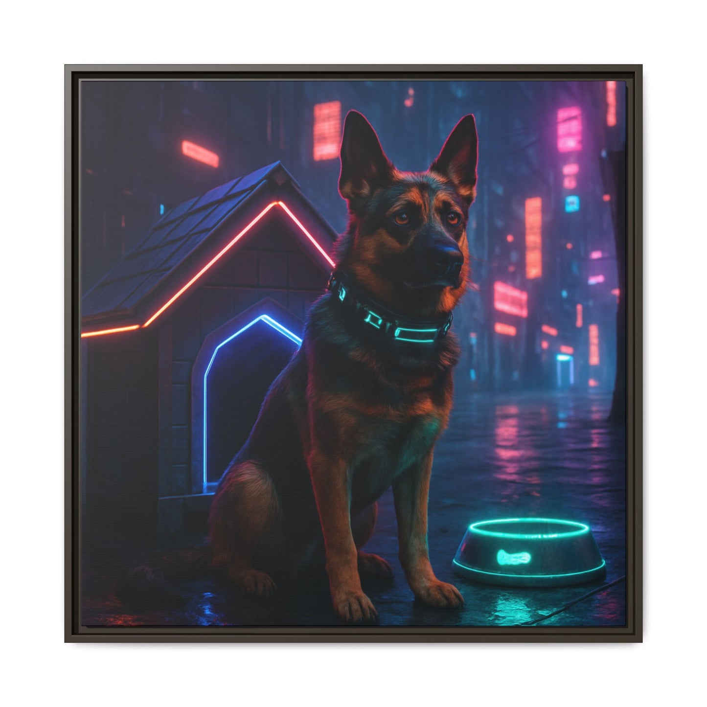 Neon City Dog Framed Matte Canvas