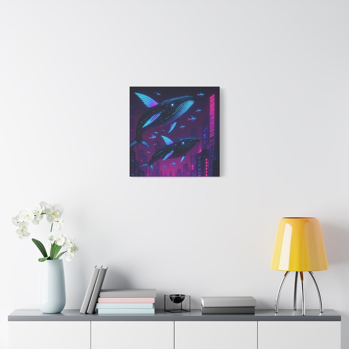 Neon Skyline Whales Matte Canvas