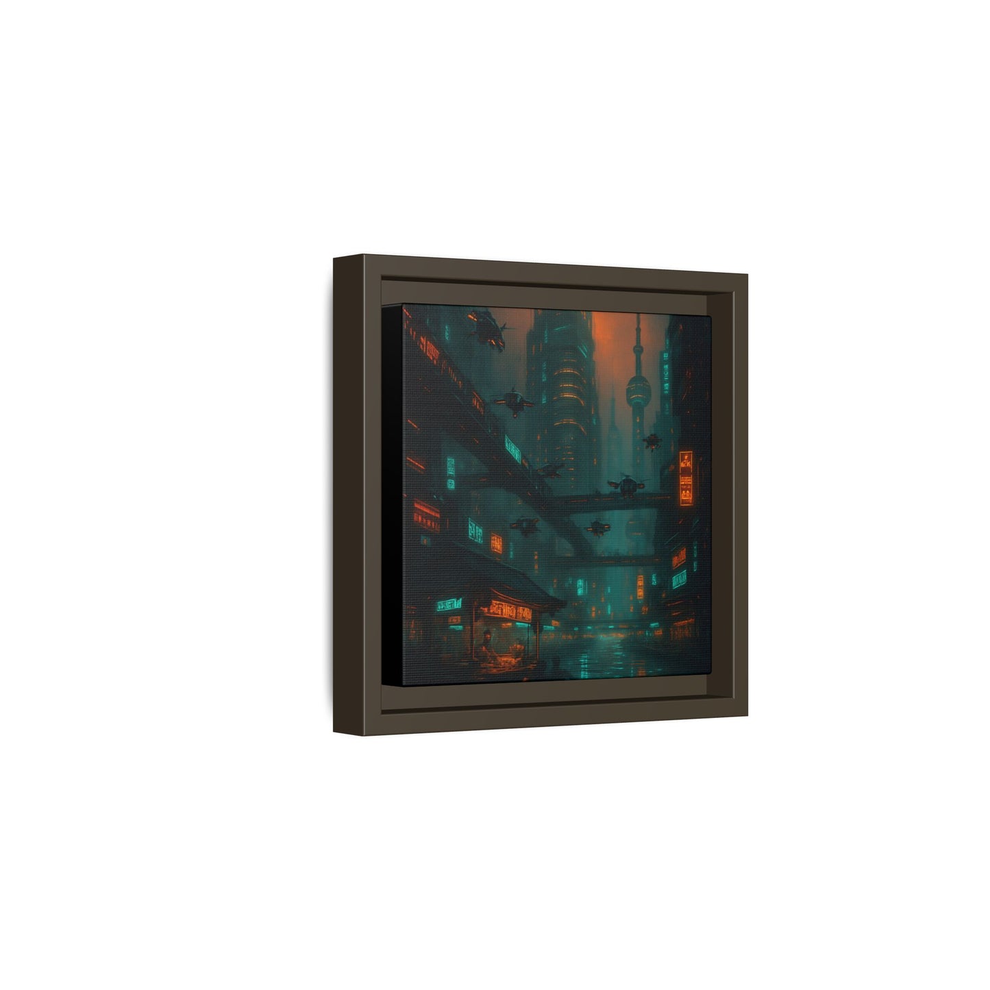 Neon Drone Cityscape Framed Matte Canvas