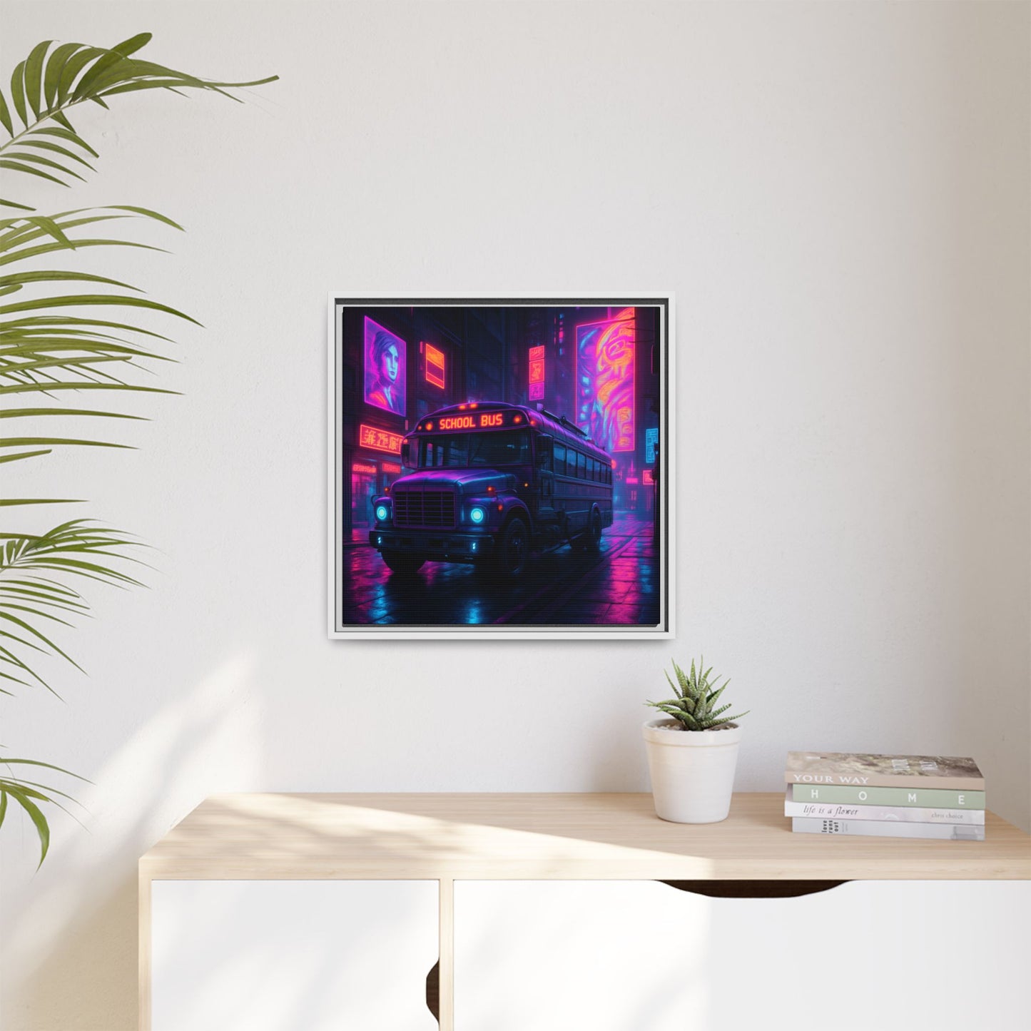 Neon School Bus City Framed Matte Canvas